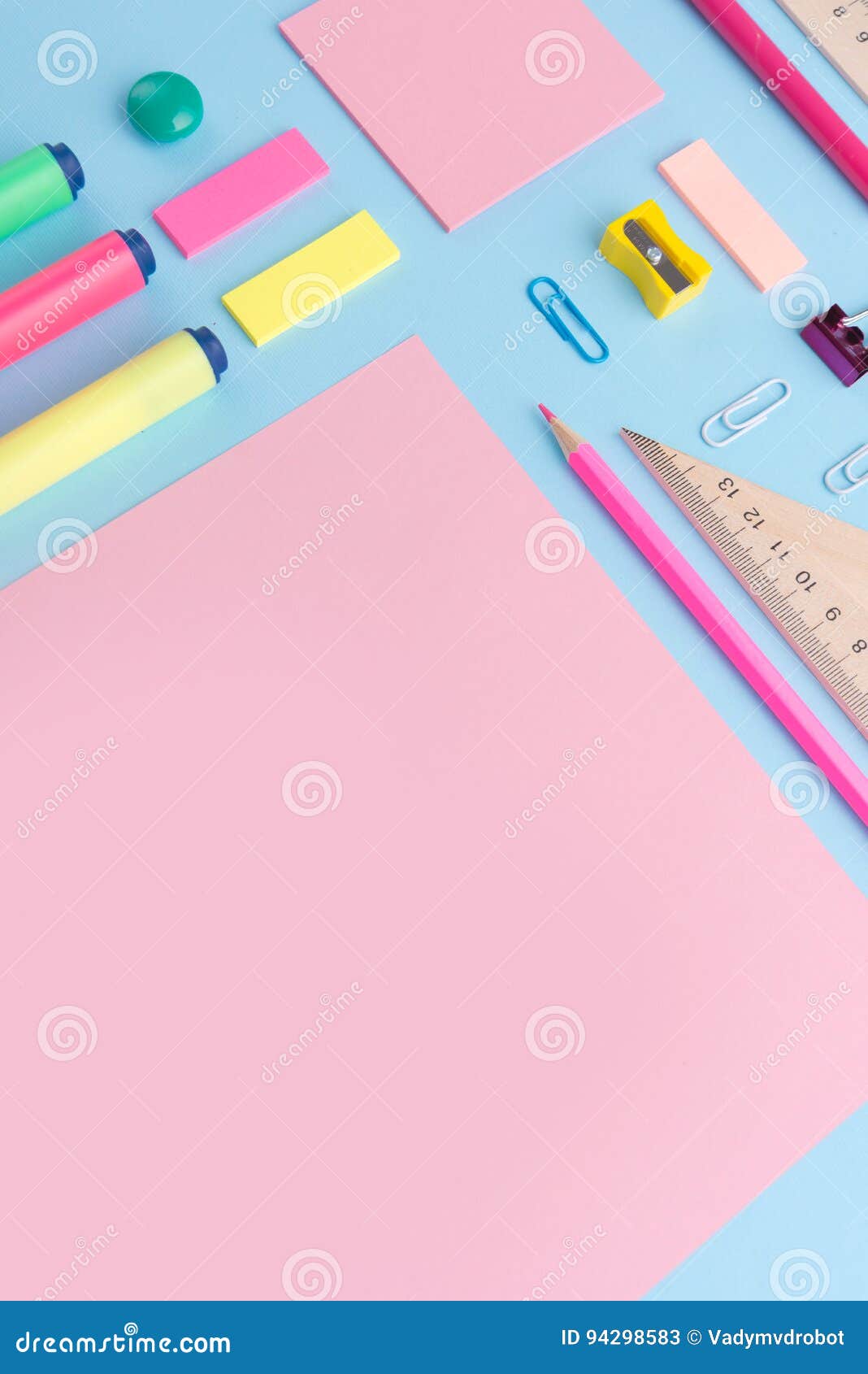 Office Supplies on the Blue Background Table Stock Image Image of