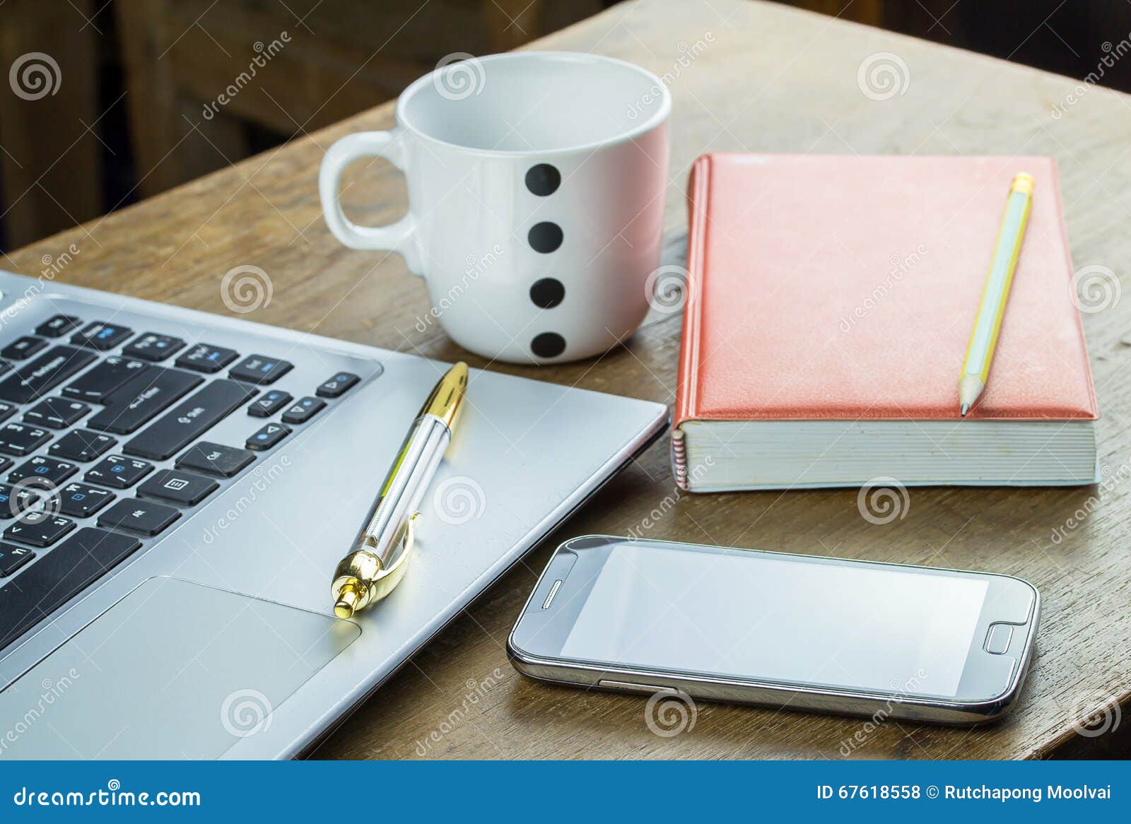 Office Supplies and Gadgets on a Wooden Table Stock Photo Image of