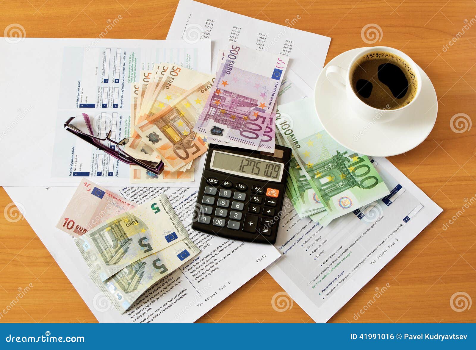 Office Supplies with Money and Cup of Coffee Stock Photo Image of