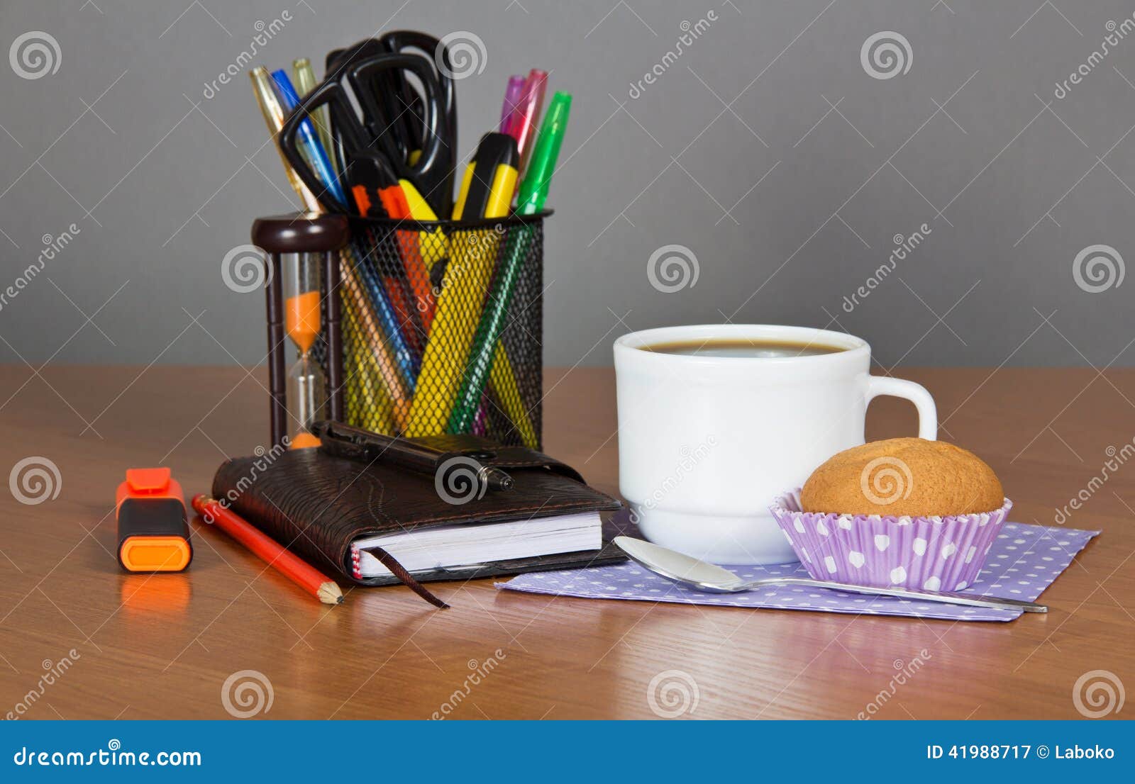 Office Supply, Cup of Coffee and Cake Stock Image Image of napkin