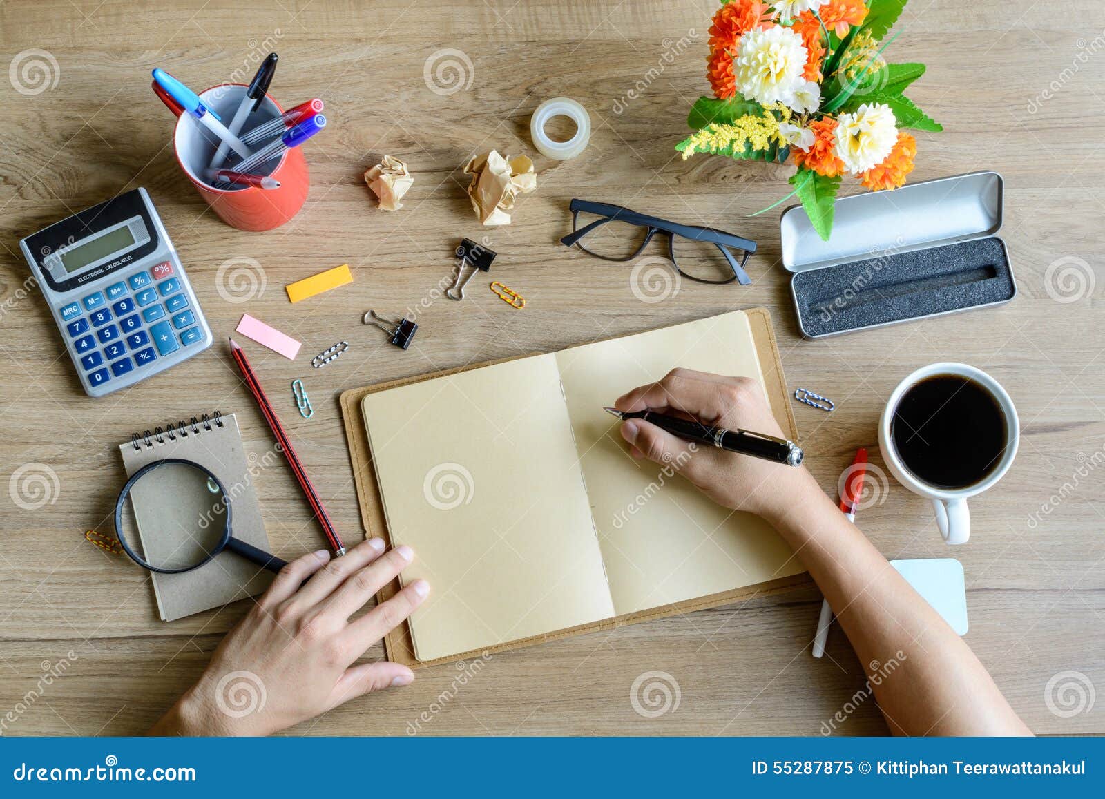 Office Supply and Cup of Coffee on Desk Stock Image Image of blank, black 55287875