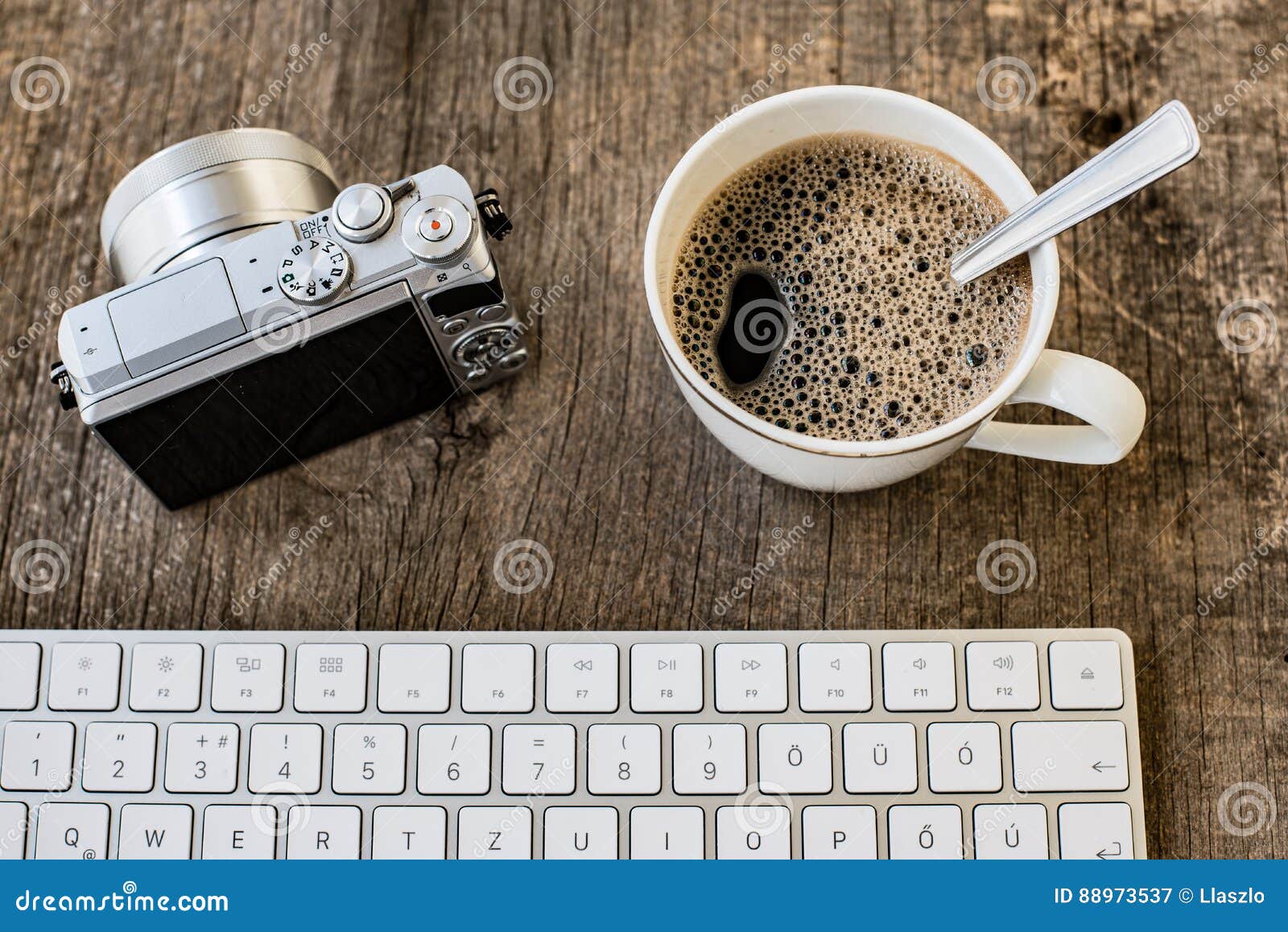 Office Table With Computer Keyboard Cup Of Coffee And Vintage