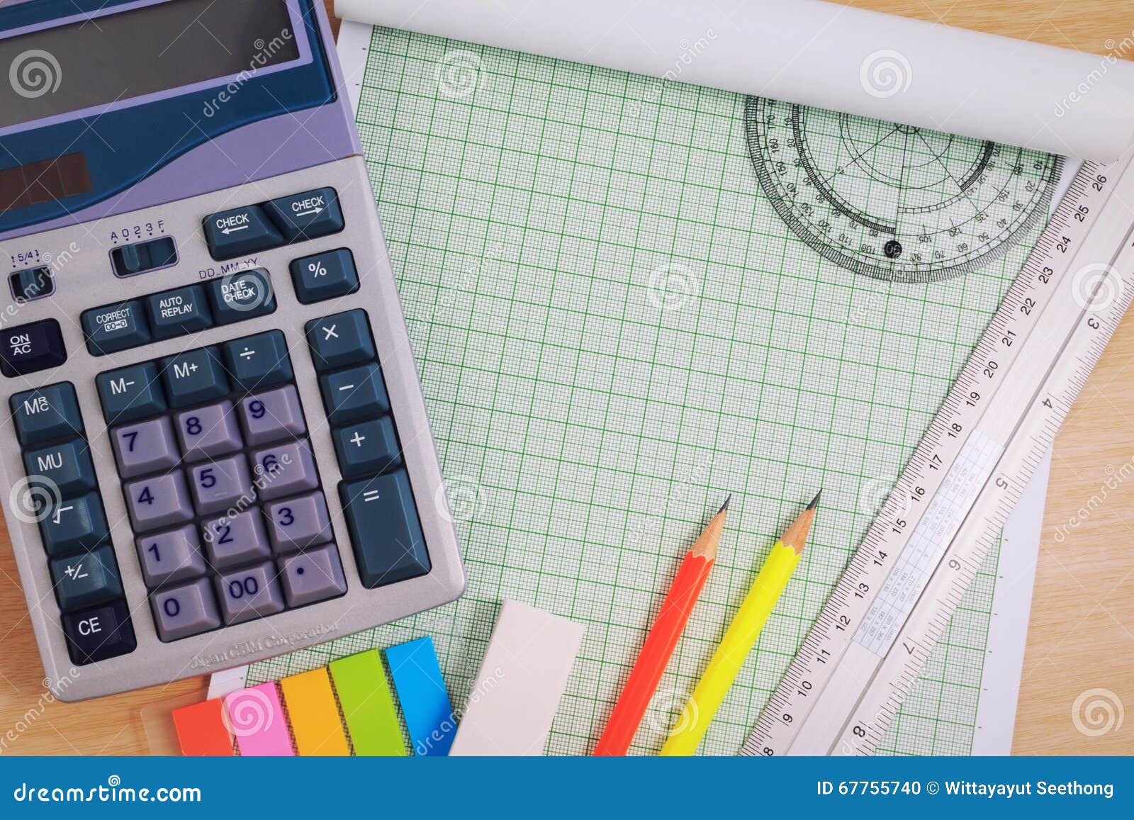 Office Table Desk with Set of Office Stationery or Math Supplies. Stock