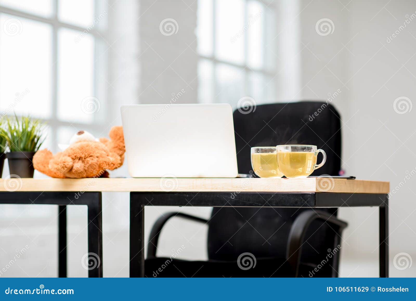 Office Table with Laptop and Tea Cups Stock Image Image of chair