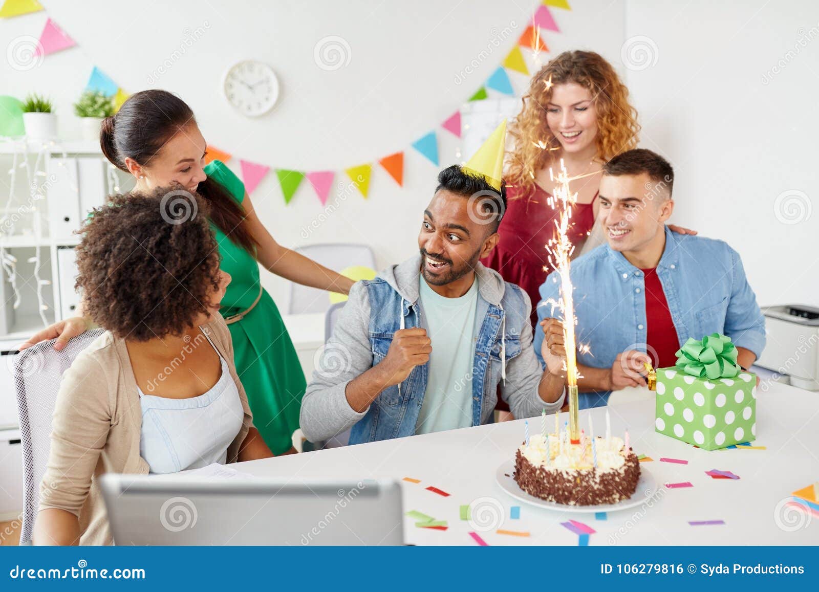 corporate, celebration and people concept - happy business team with birthday  cake and gifts..., Stock Photo, Picture And Low Budget Royalty Free Image.  Pic. ESY-043374776 | agefotostock