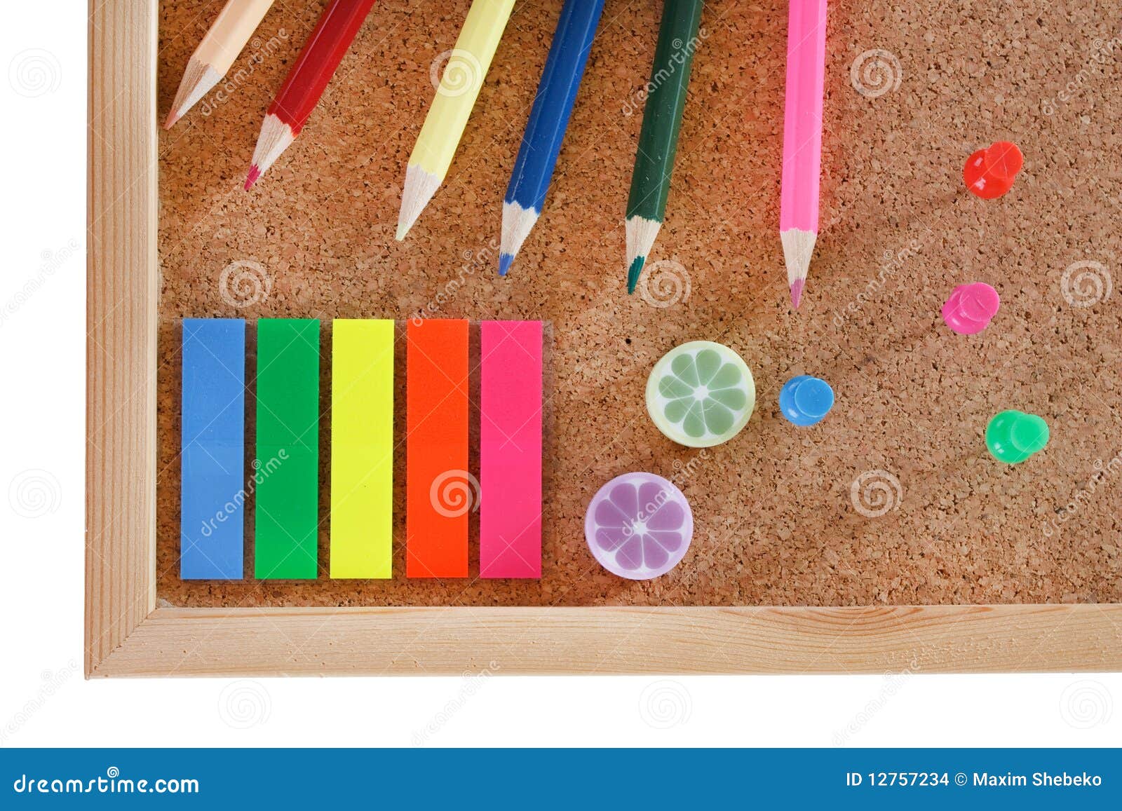 Office tools on cork board stock photo. Image of desk 12757234