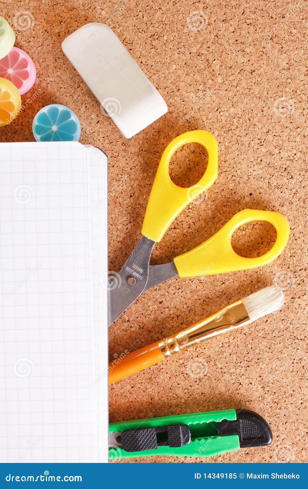Office tools on cork board stock image. Image of post 14349185