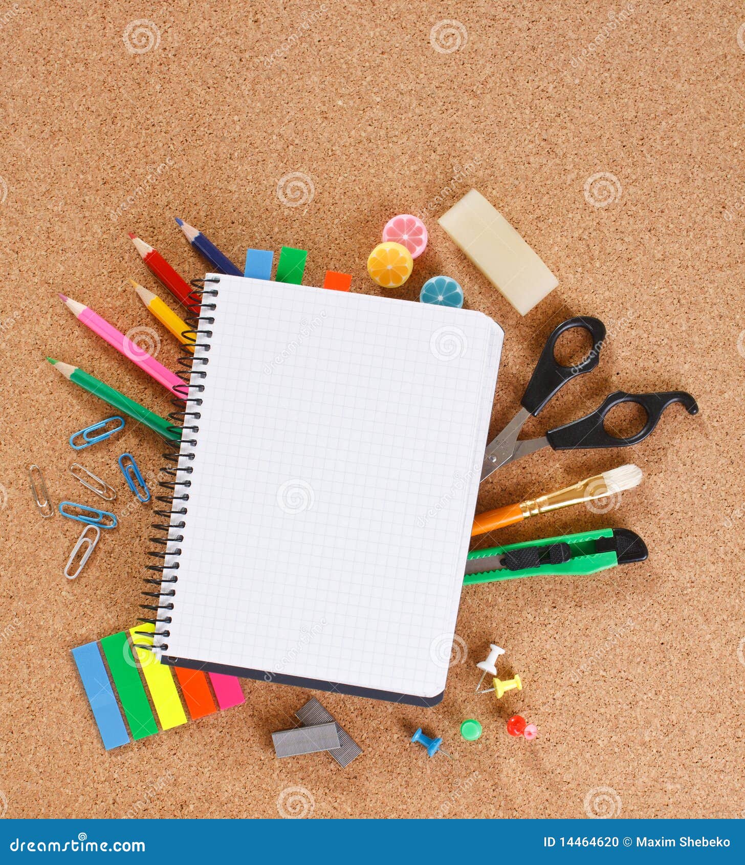 Office tools on cork board stock photo. Image of isolated 14464620