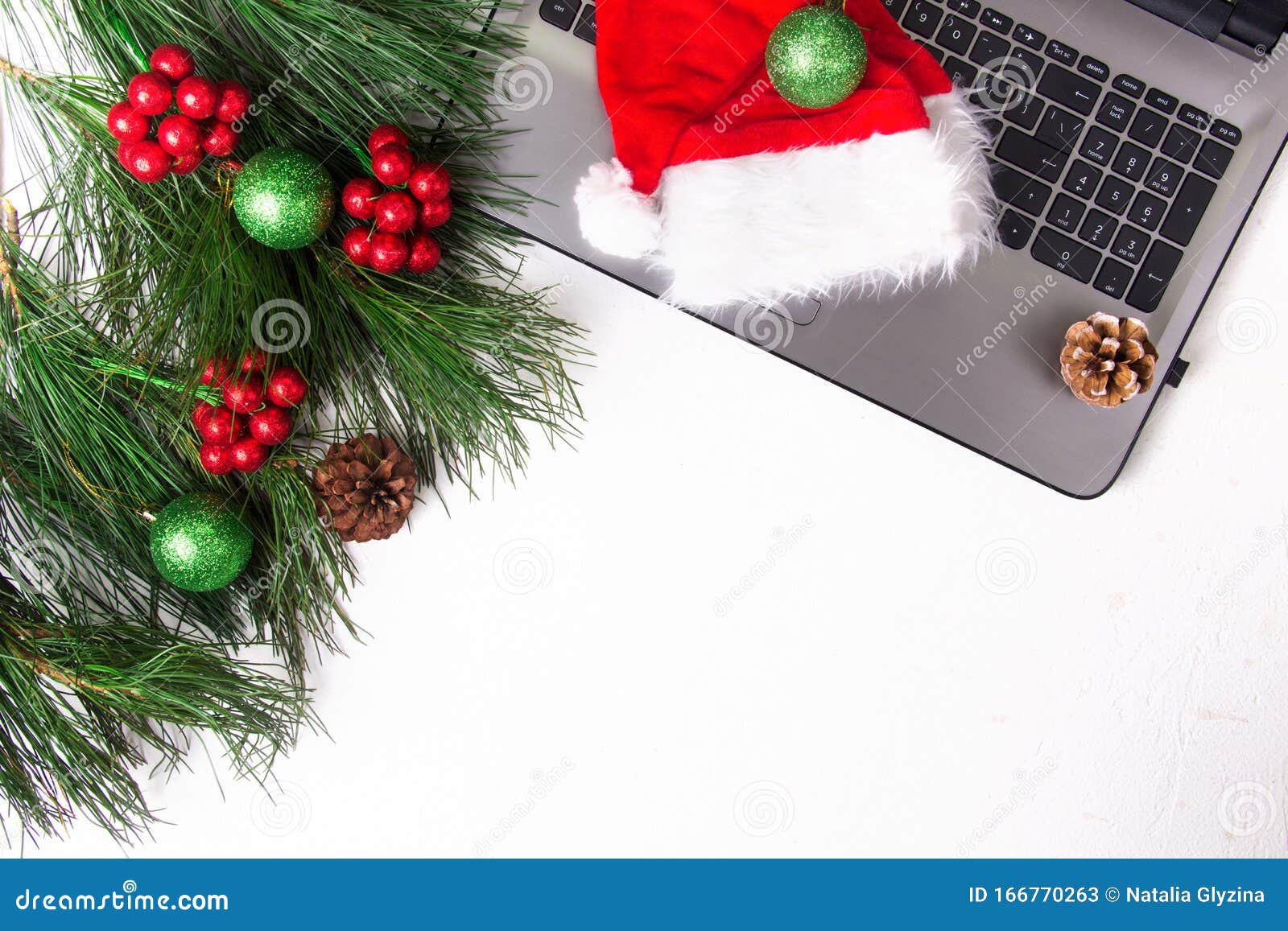 Office White Table with Computer, Pine Branch and Santa Hat. Christmas  Background Stock Image - Image of holiday, coffee: 166770263