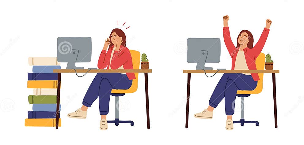 Office Woman Tired Before After Hard Work Manager Working Stock Vector Illustration Of