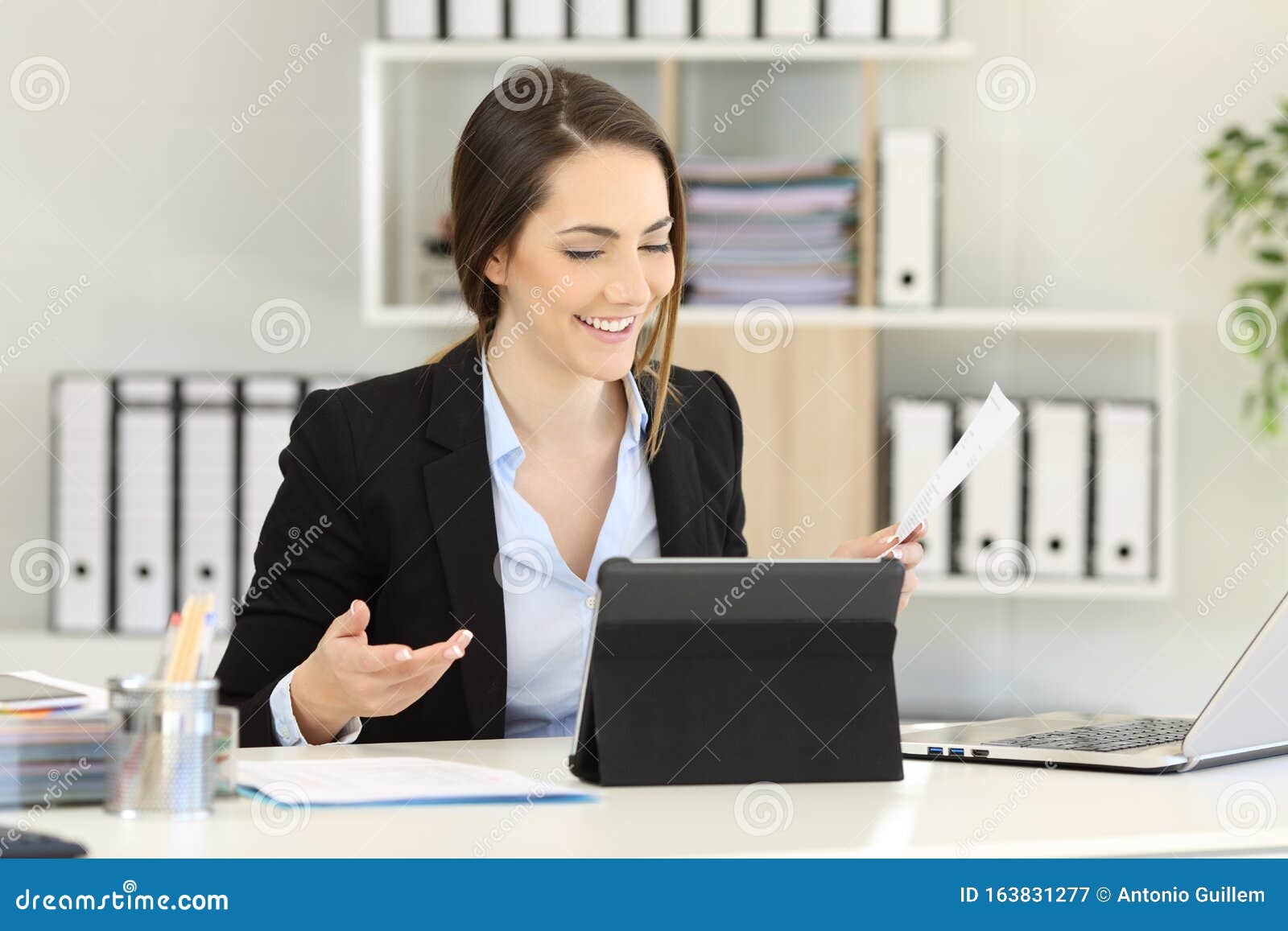 Office Worker Having a Video Call on Tablet Stock Image Image of