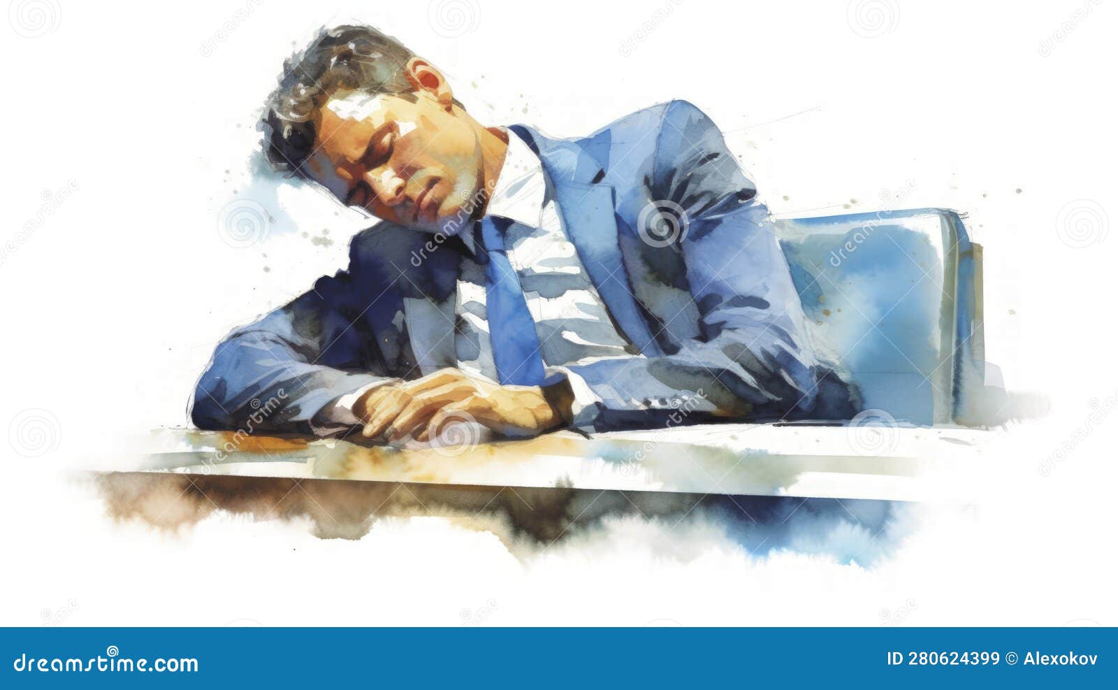 Office Worker Taking a Quick Nap during Break in Watercolor Depiction