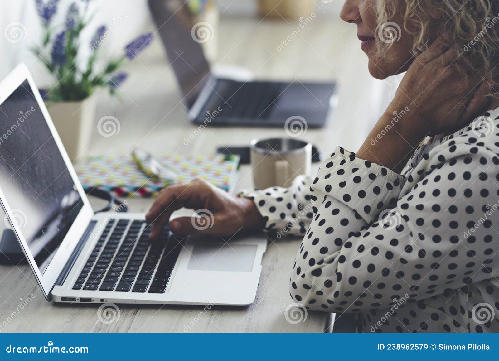 Office Workstation Closeup with Adult Woman Using Laptop and Online  Connection Wireless. Neck Pain and Bad Posture Problems for Stock Image -  Image of reading, online: 238962579