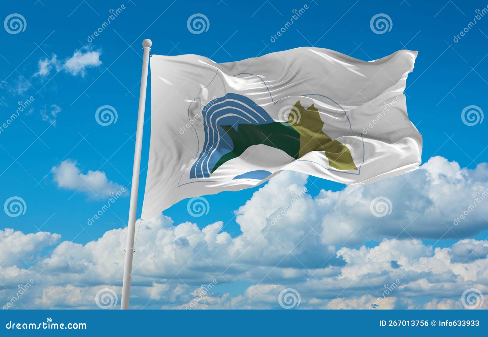 official flag of inuvik canada at cloudy sky background on sunset, panoramic view. canadian travel and patriot concept. copy space