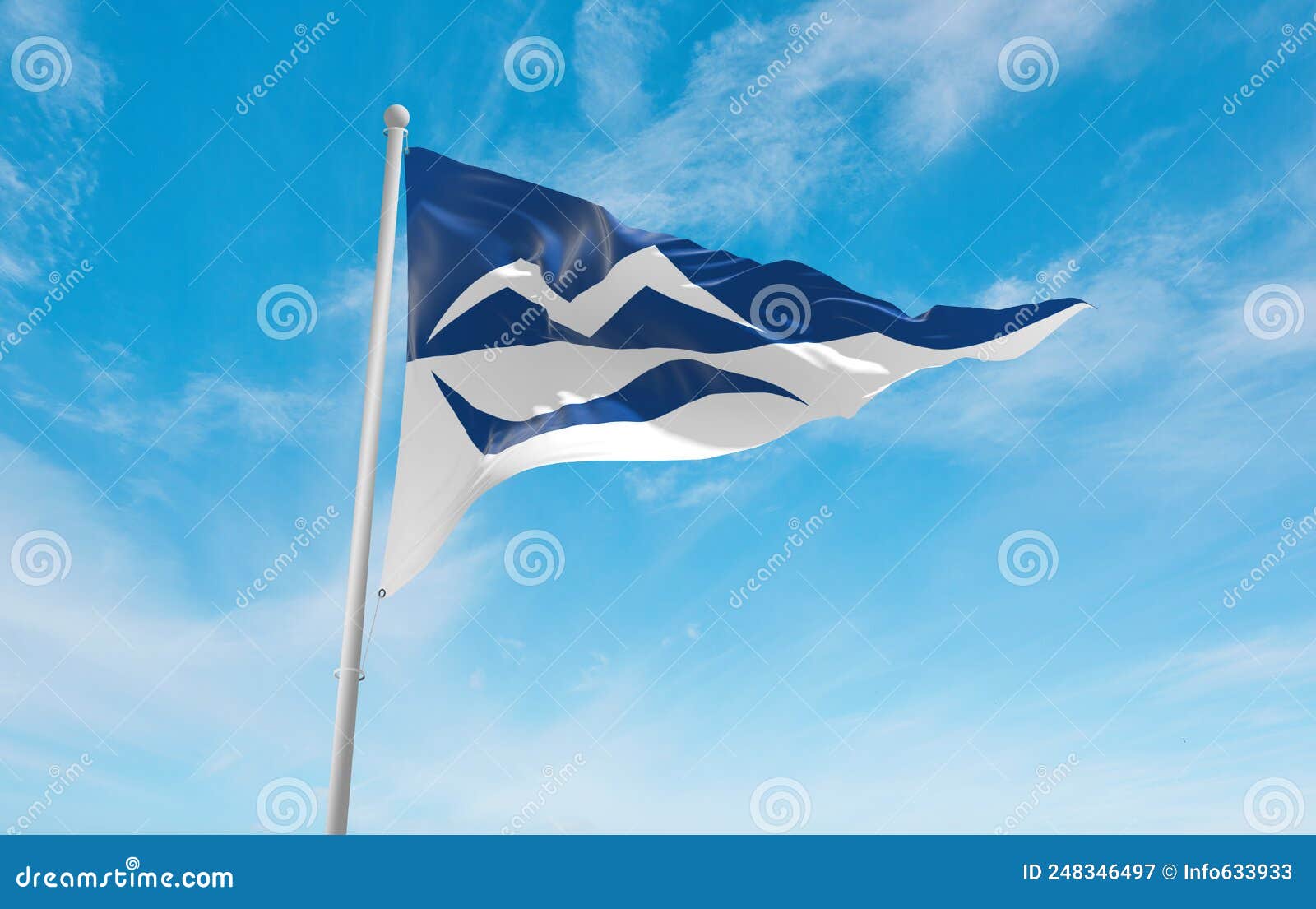 official flag of moss seilforening, norway at cloudy sky background on sunset, panoramic view. norwegian travel and patriot