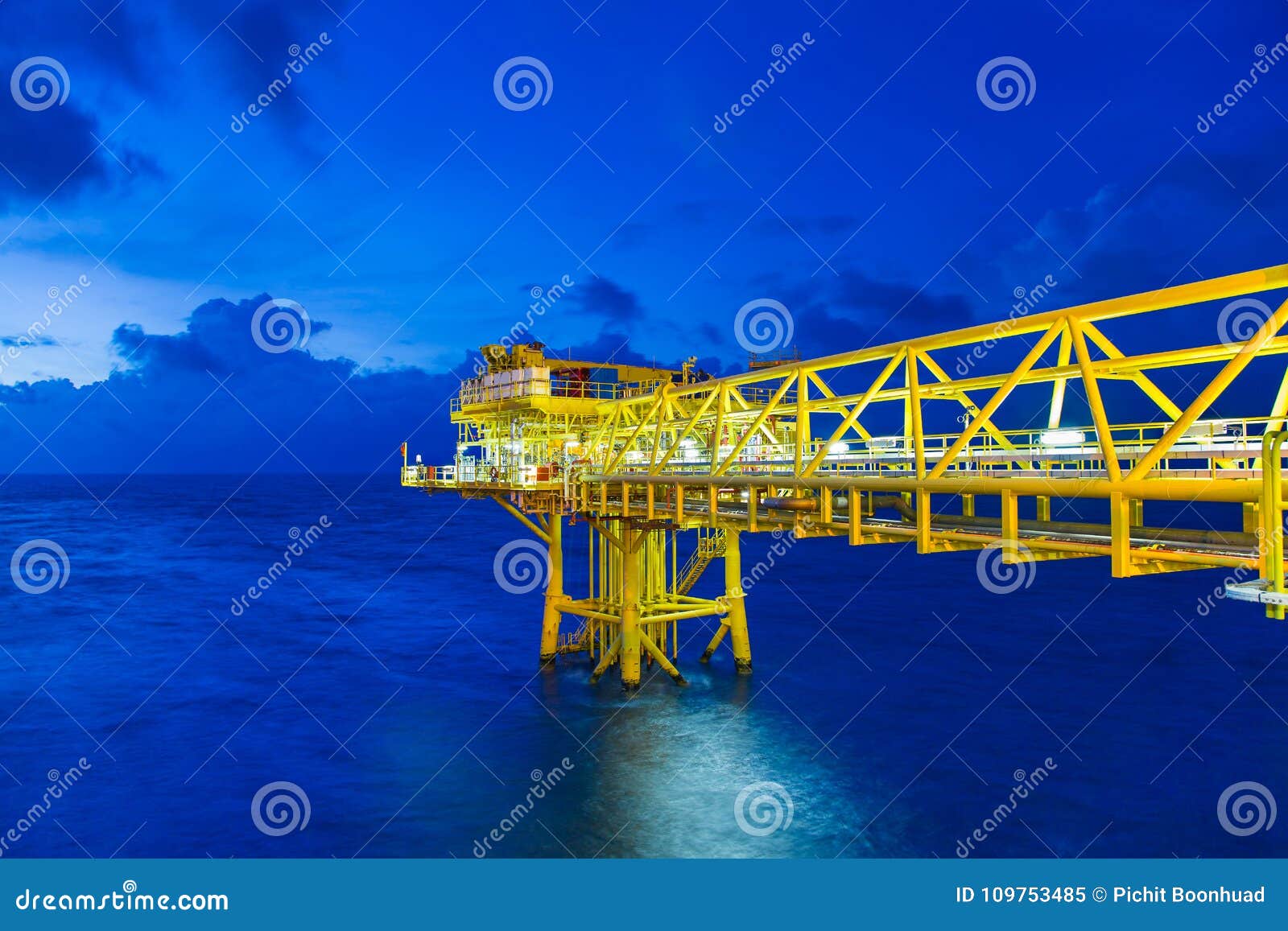 offshore oil and gas wellhead remote platform produced crude oil and natural gas for sent to onshore refinery.