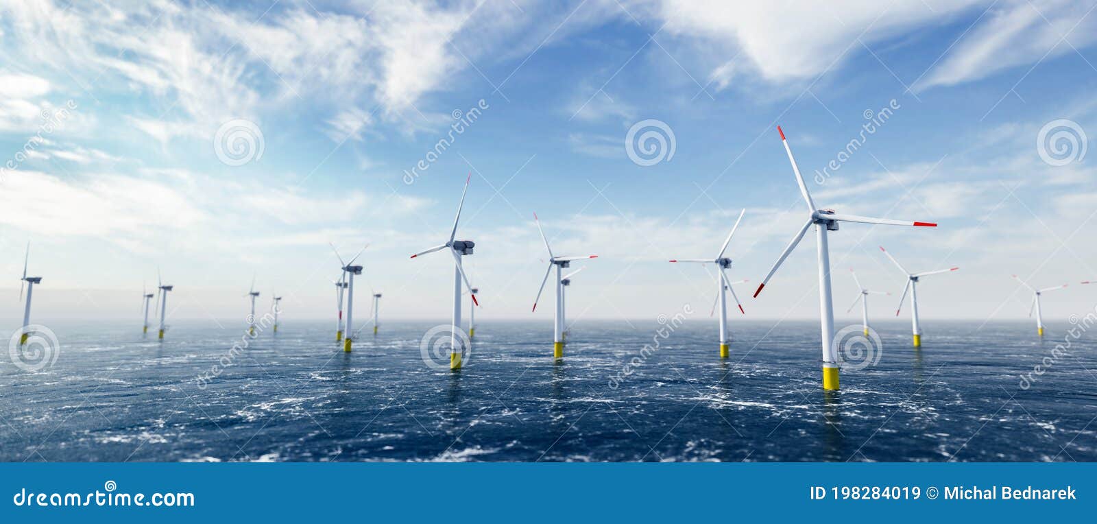 offshore wind power and energy farm with many wind turbines on the ocean