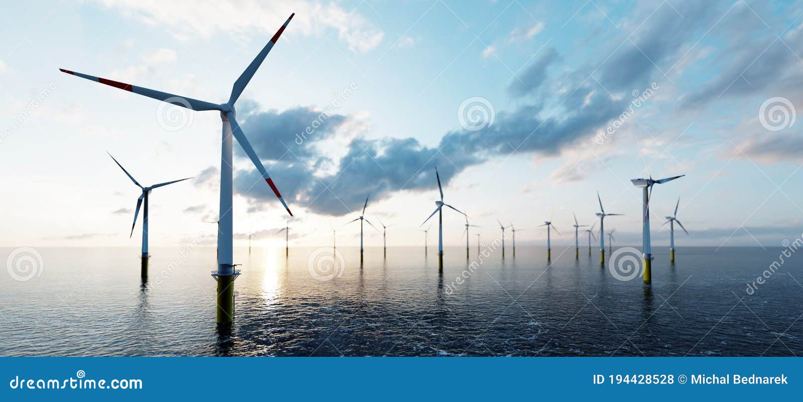 offshore wind turbines farm on the ocean. sustainable energy