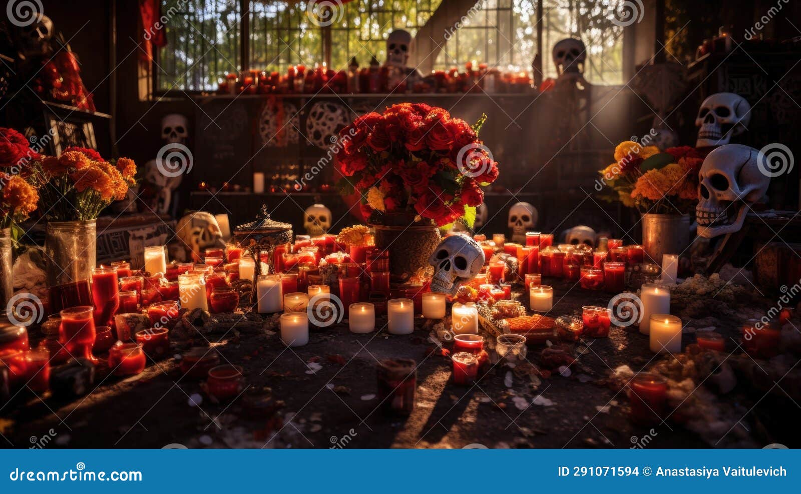 ofrendas decorated with candles and marigold flowers in the temple