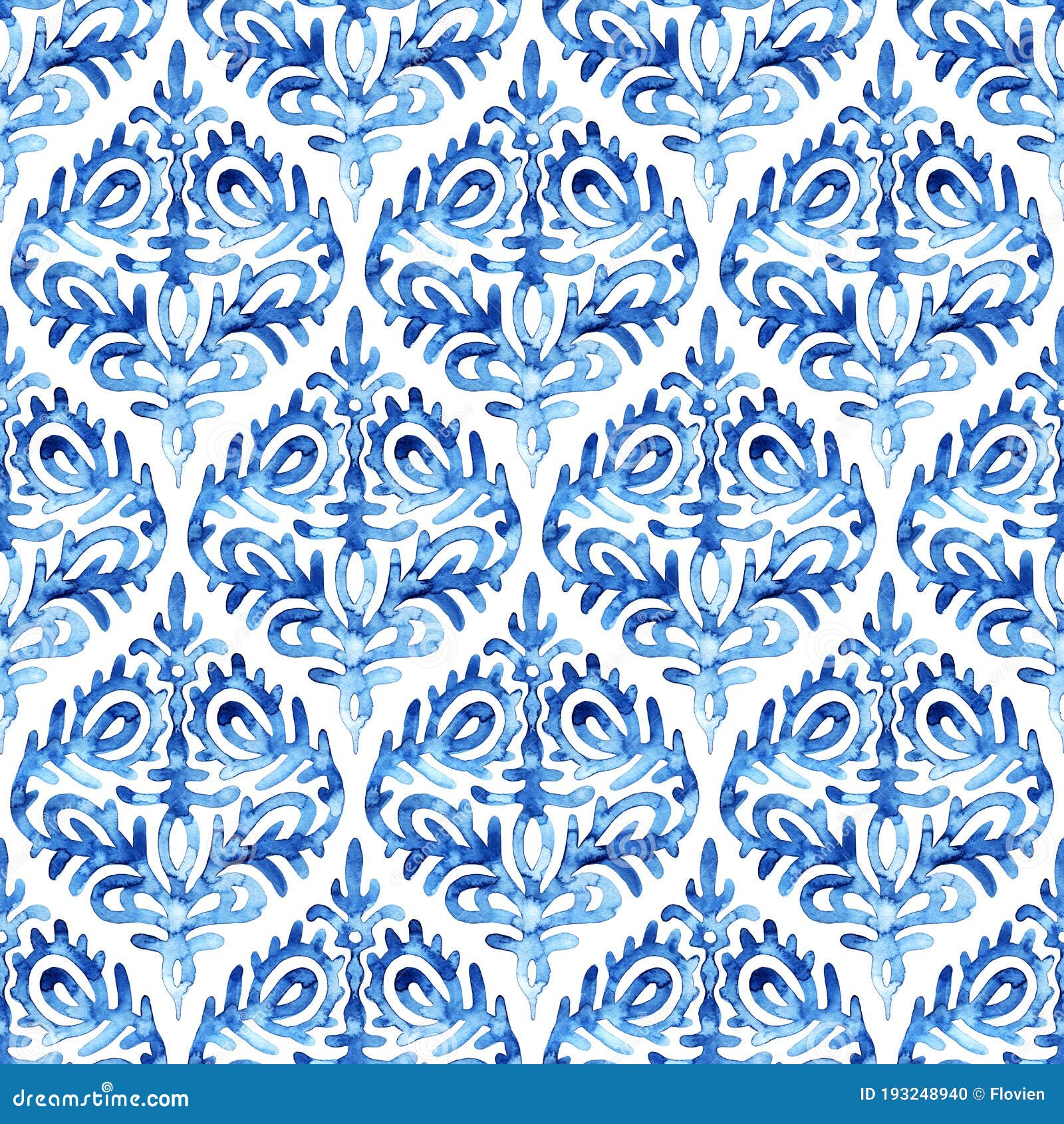 Ogee Seamless Pattern. White and Blue Watercolor Illustration. Print ...