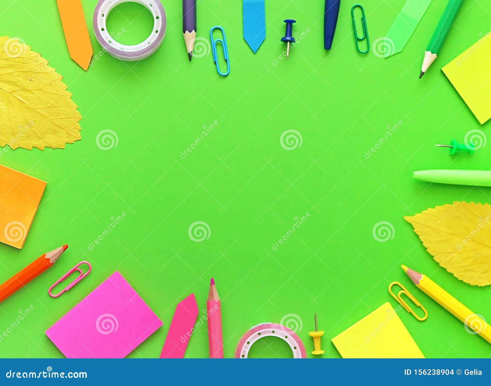 Oggetti Per La Scuola Colorati Con Foglie Autunnali Come Cornice In Verde Fotografia Stock Immagine Di Telaio Penna