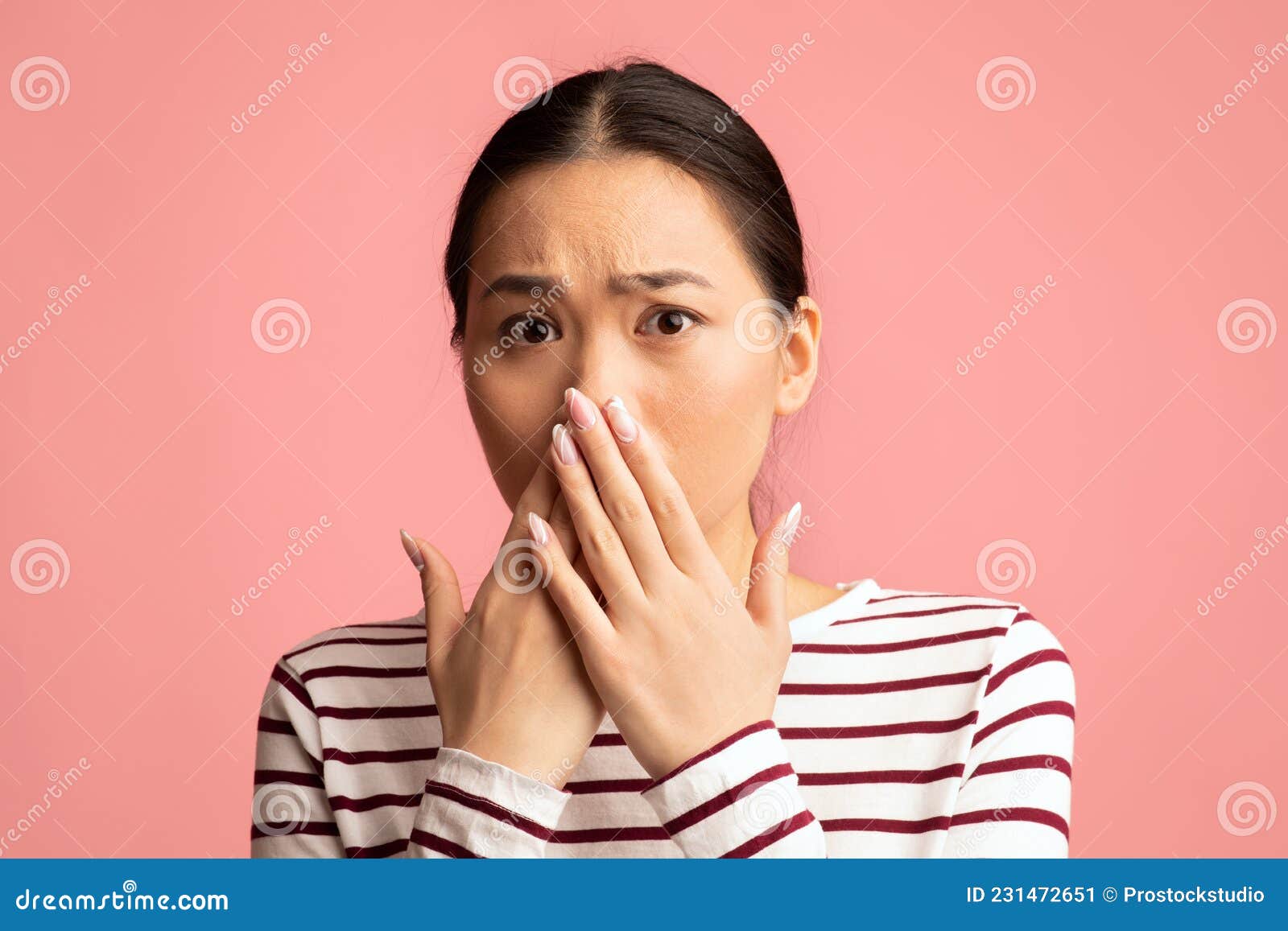 Oh No Portrait Of Shocked Asian Woman Covering Mouth With Hands Stock Image Image Of Secrecy