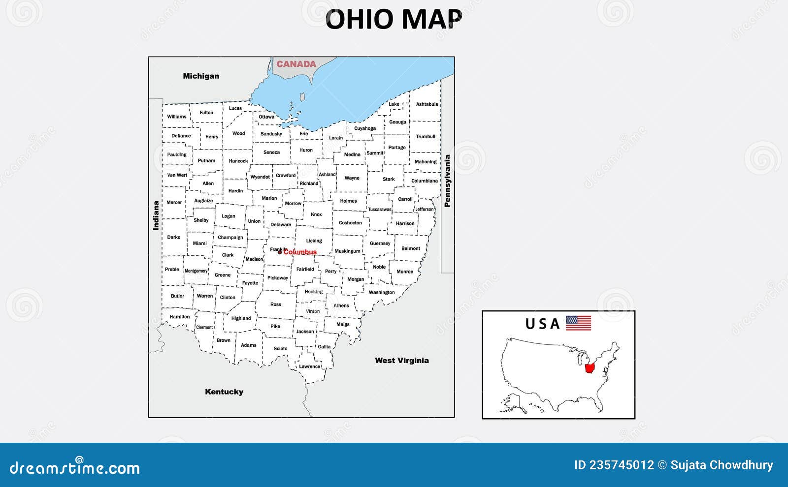 Ohio Map. Political Map Of Ohio With Boundaries In White Color Vector