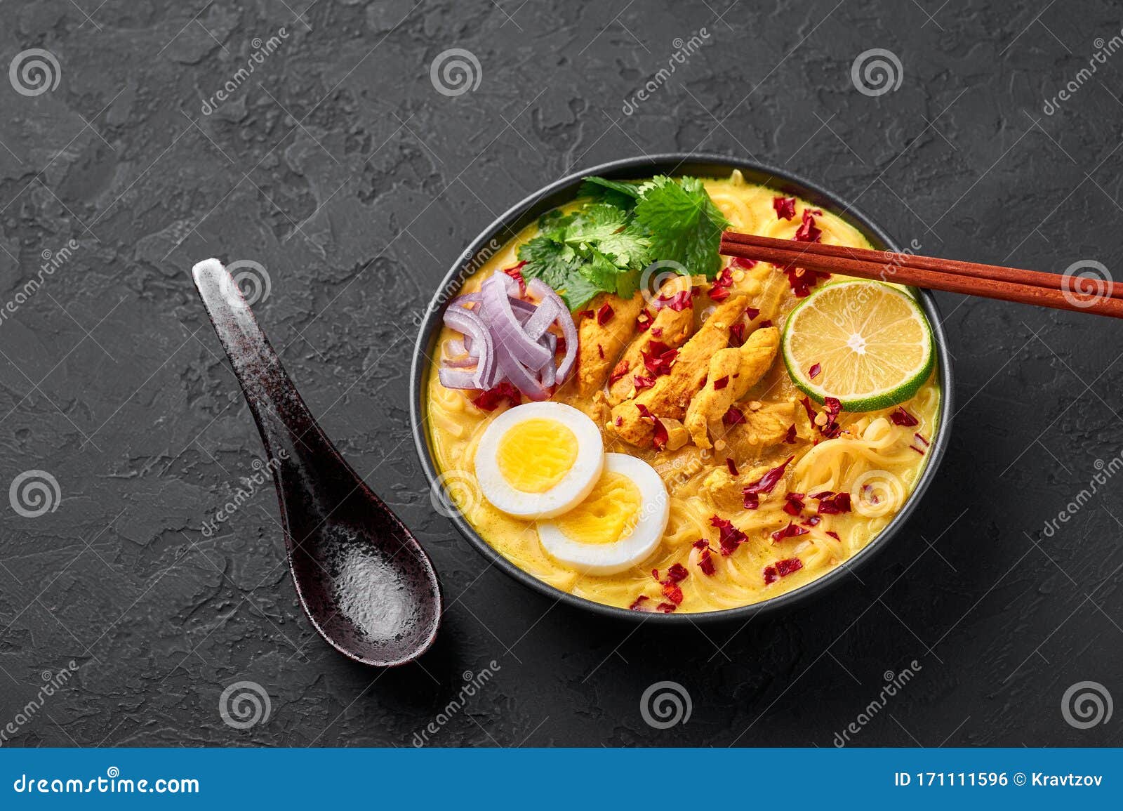 Ohn No Khao Swe in Black Bowl at Dark Slate Background. Oh No Khao Suey ...