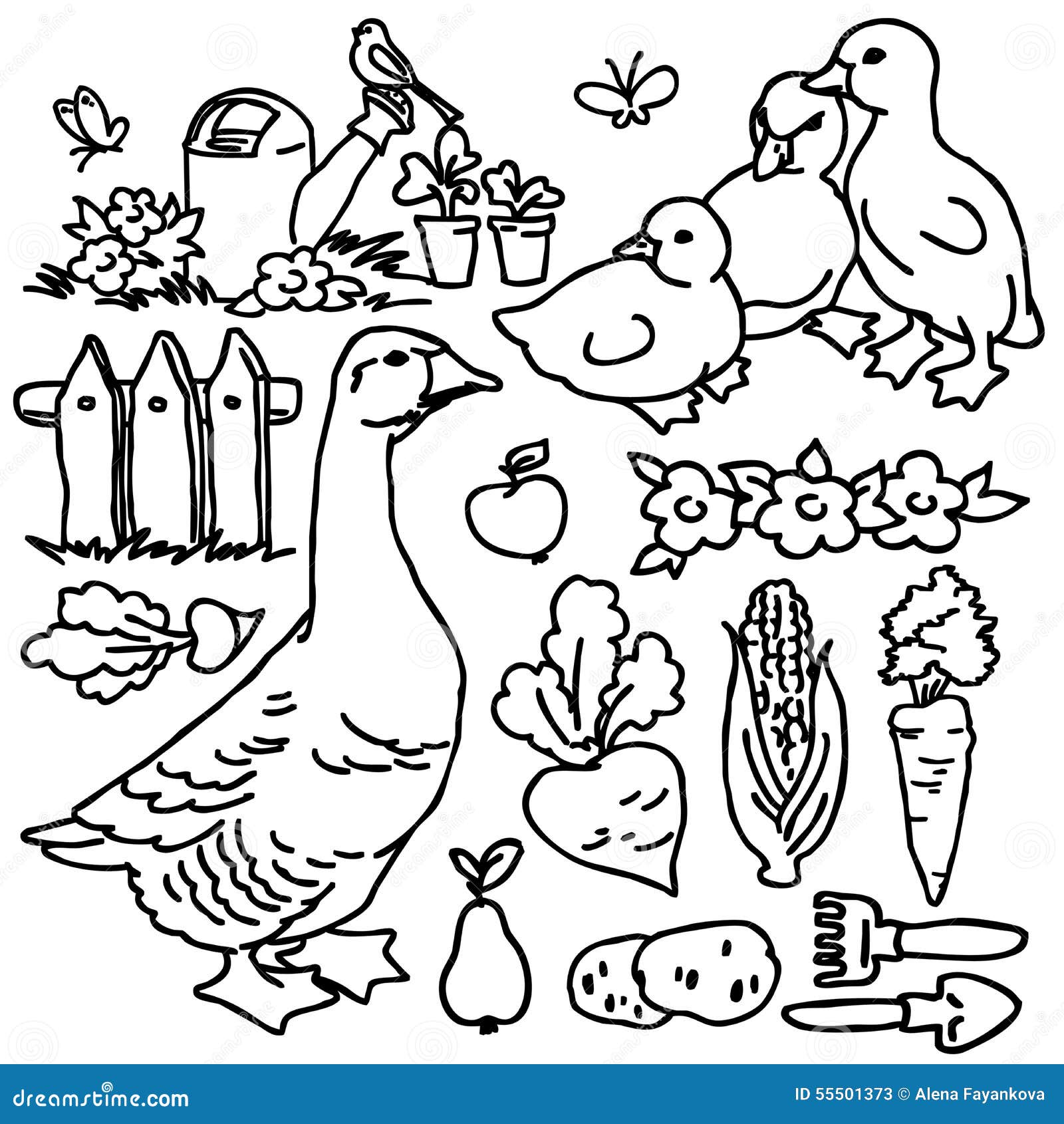 Oie de ferme de livre de coloriage de bande dessinée et animaux