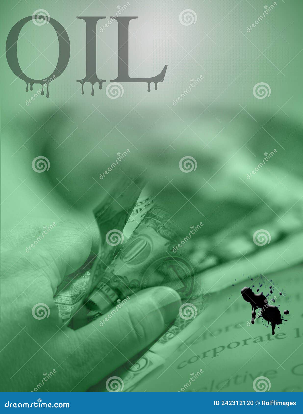 Oil money in man hand stock illustration. Illustration of dripping