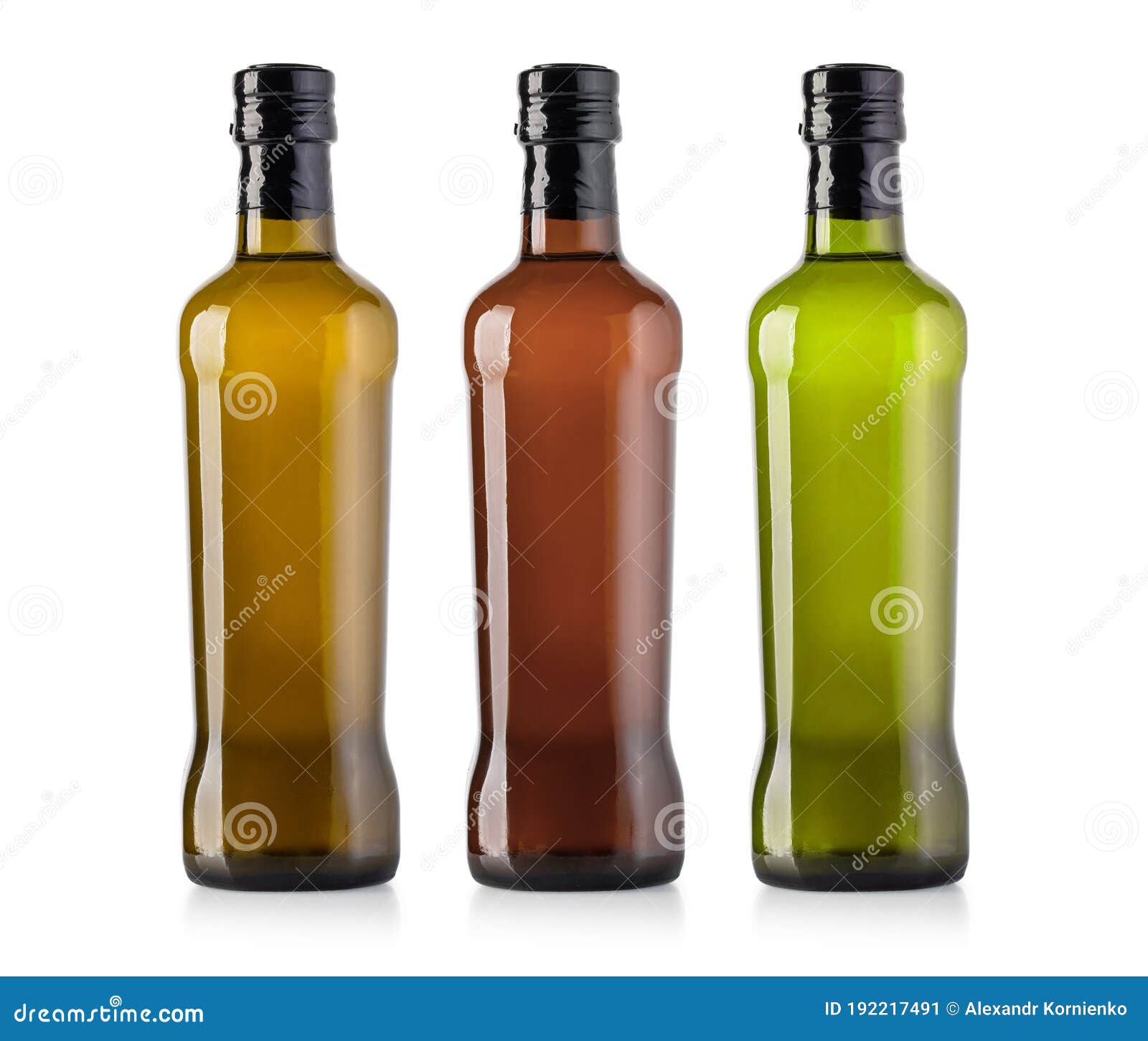 Olive Oil Bottles In A Row And Different Shades Stock Photo
