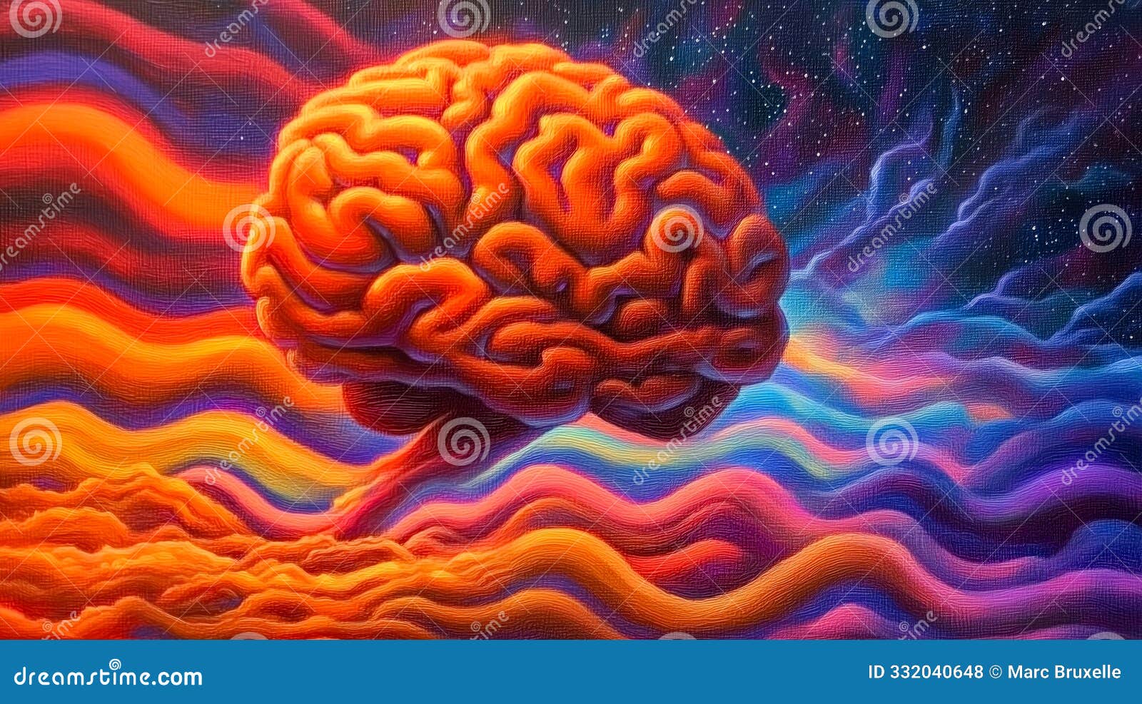 oil painting of a brain, with psychedelics forms and colors