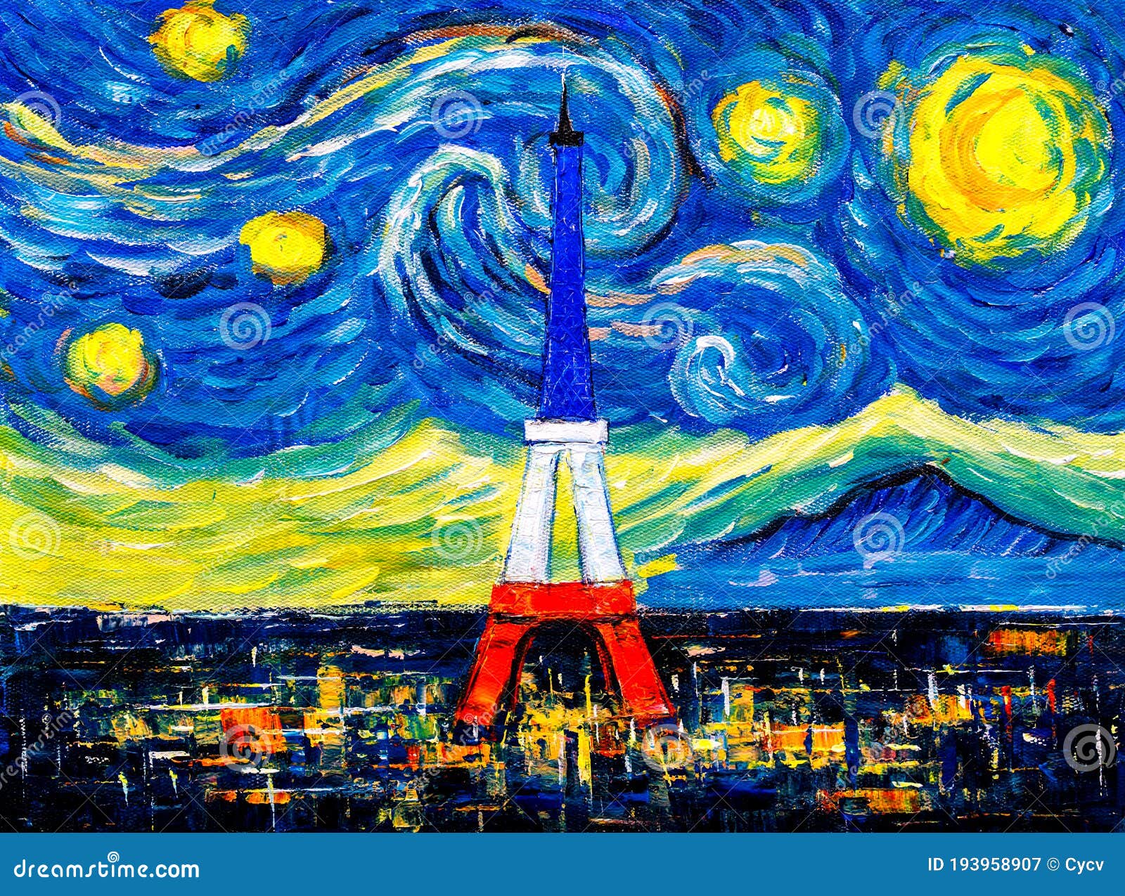 Oil Painting Eiffel Tower With Abstract Starry Night Sky Editorial