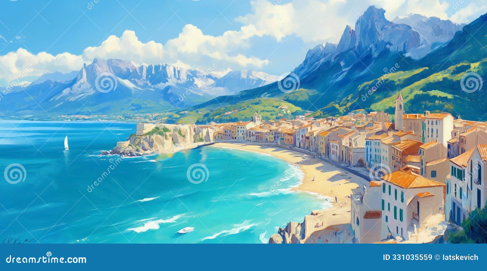 oil painting of a classic town on mediterranean sea, nice summer weather,