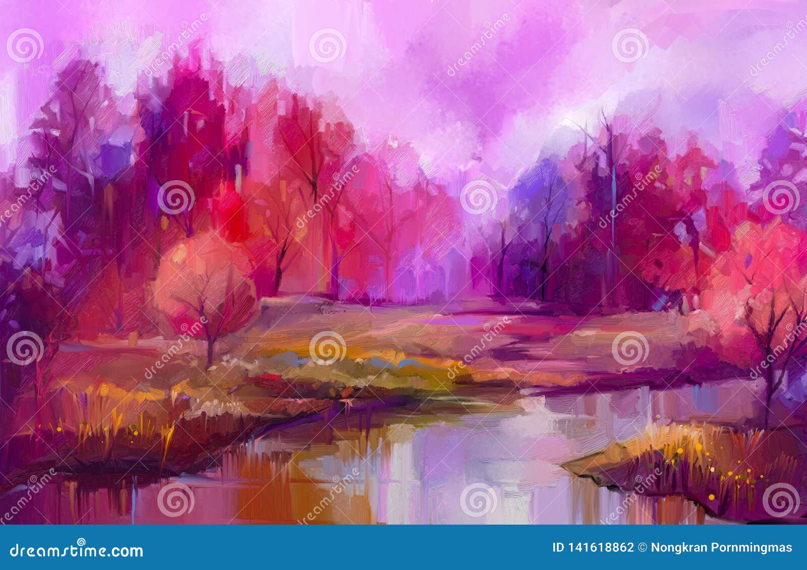oil painting colorful autumn trees. semi abstract image of forest, aspen trees with yellow - red leaf and lake.