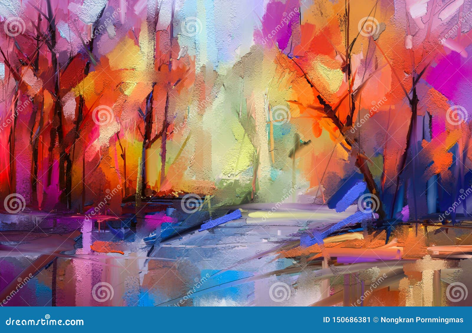 oil painting colorful autumn trees. semi abstract image of forest, landscapes with yellow - red leaf and lake.