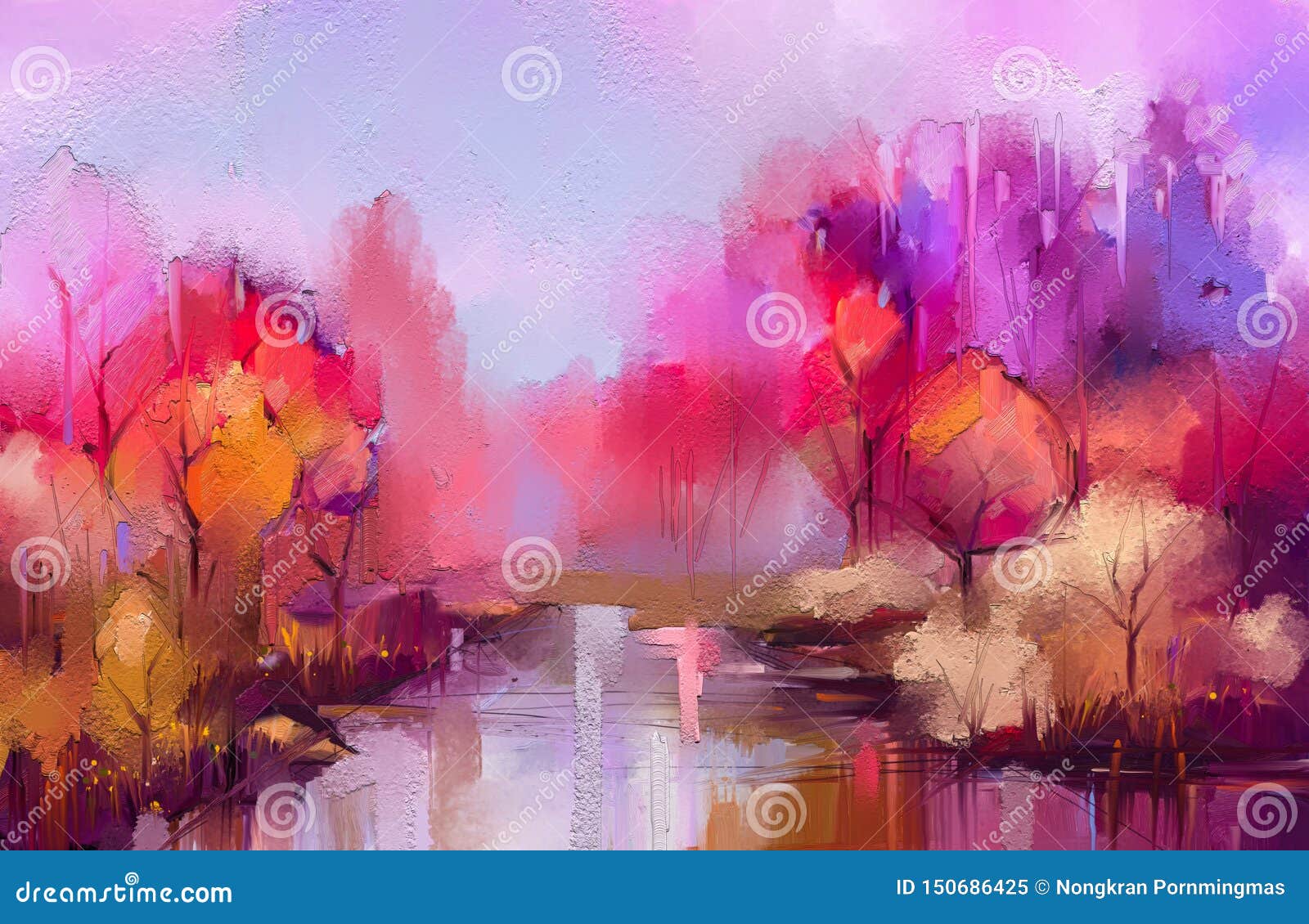 oil painting colorful autumn trees. semi abstract image of forest, landscapes with yellow - red leaf and lake.