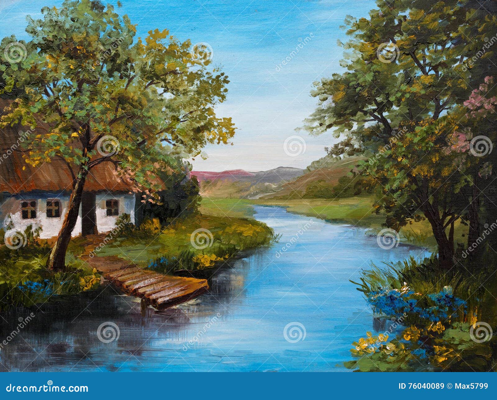 oil painting - farmhouse near the river, river blue, blue sky