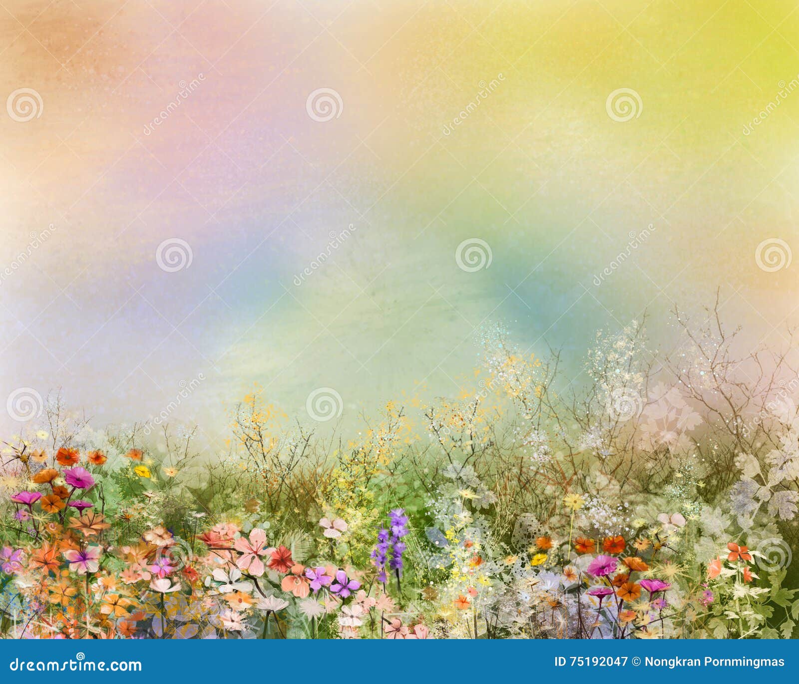 oil painting flowers plant. purple cosmos, white daisy, cornflower, wildflower, dandelion flower in fields.