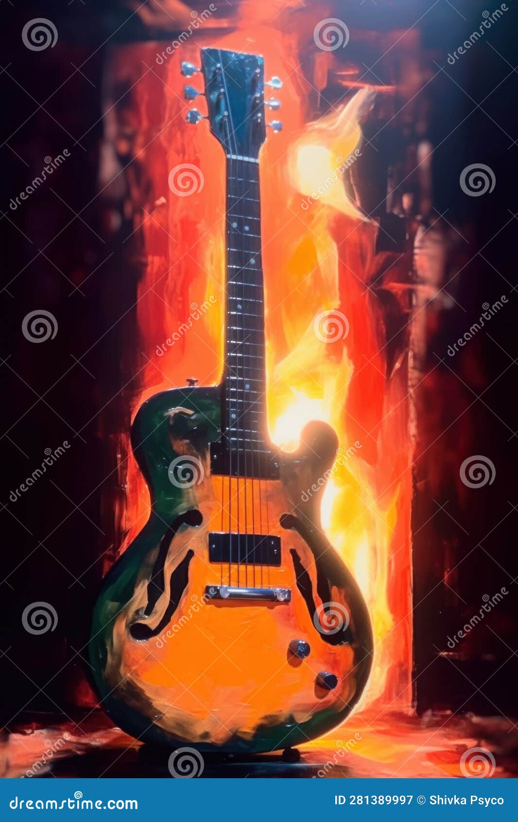 Oil Painting of a Guitar in Fire Generative AI Stock Illustration