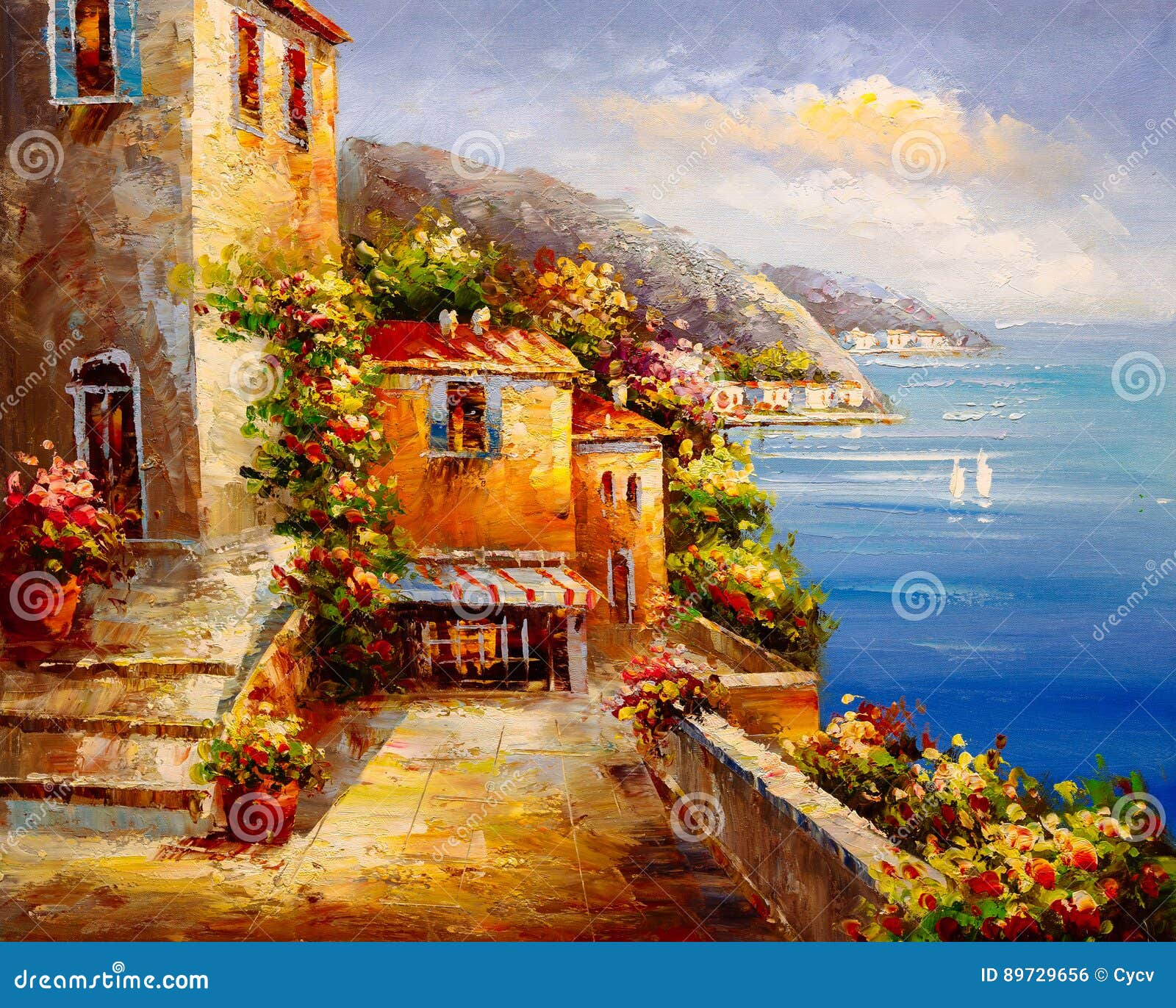 Oil Painting Harbor View, Greece Stock Photo Image of island