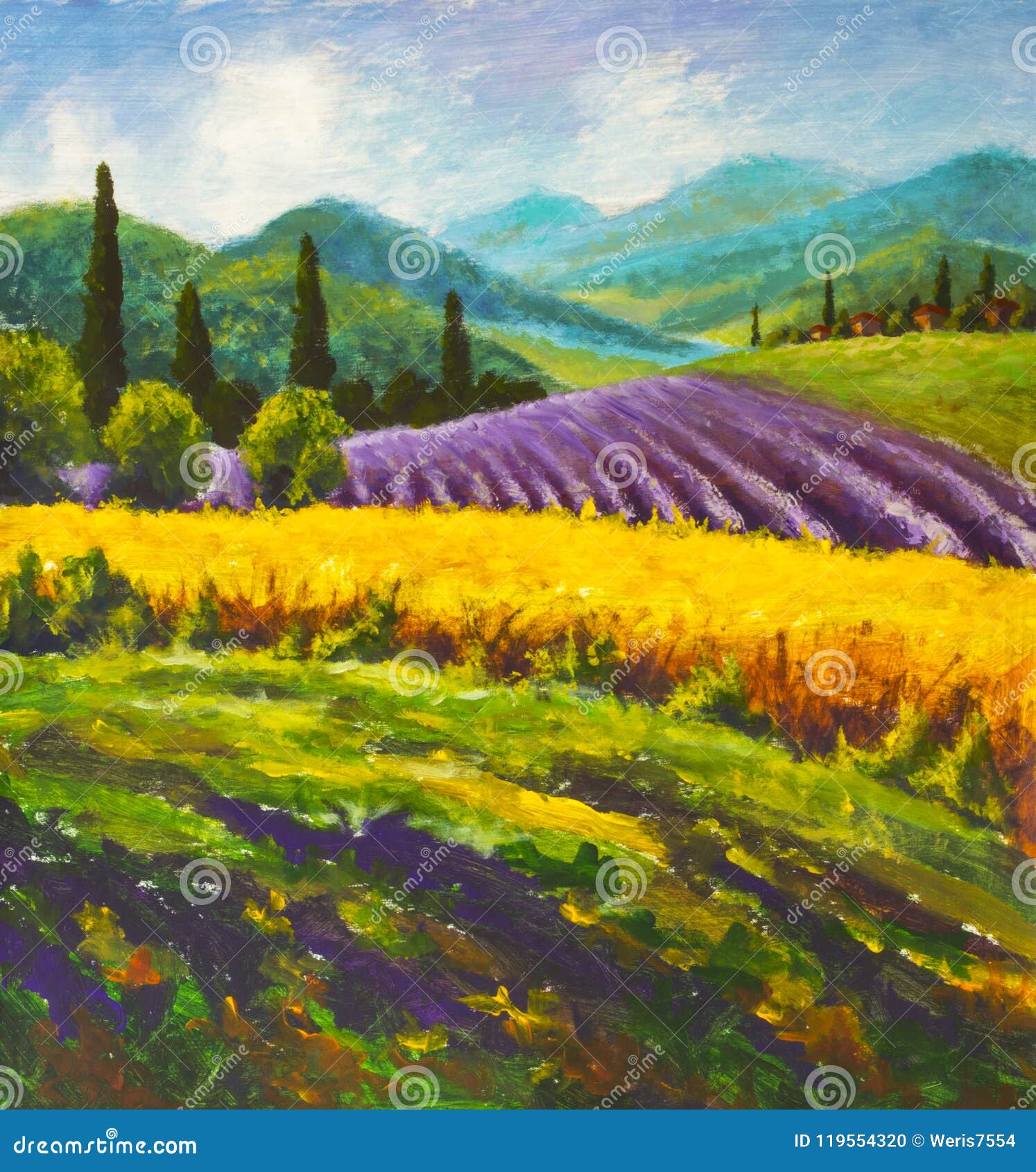 Tuscany Painting Lavender Original Art Landscape OIl Artwork Violet Flowers Artwork