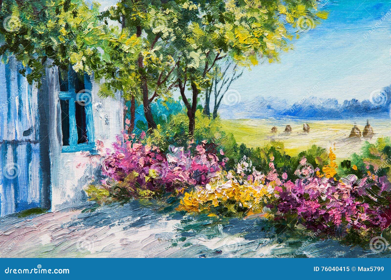 oil painting landscape - garden near the house, colorful flowers