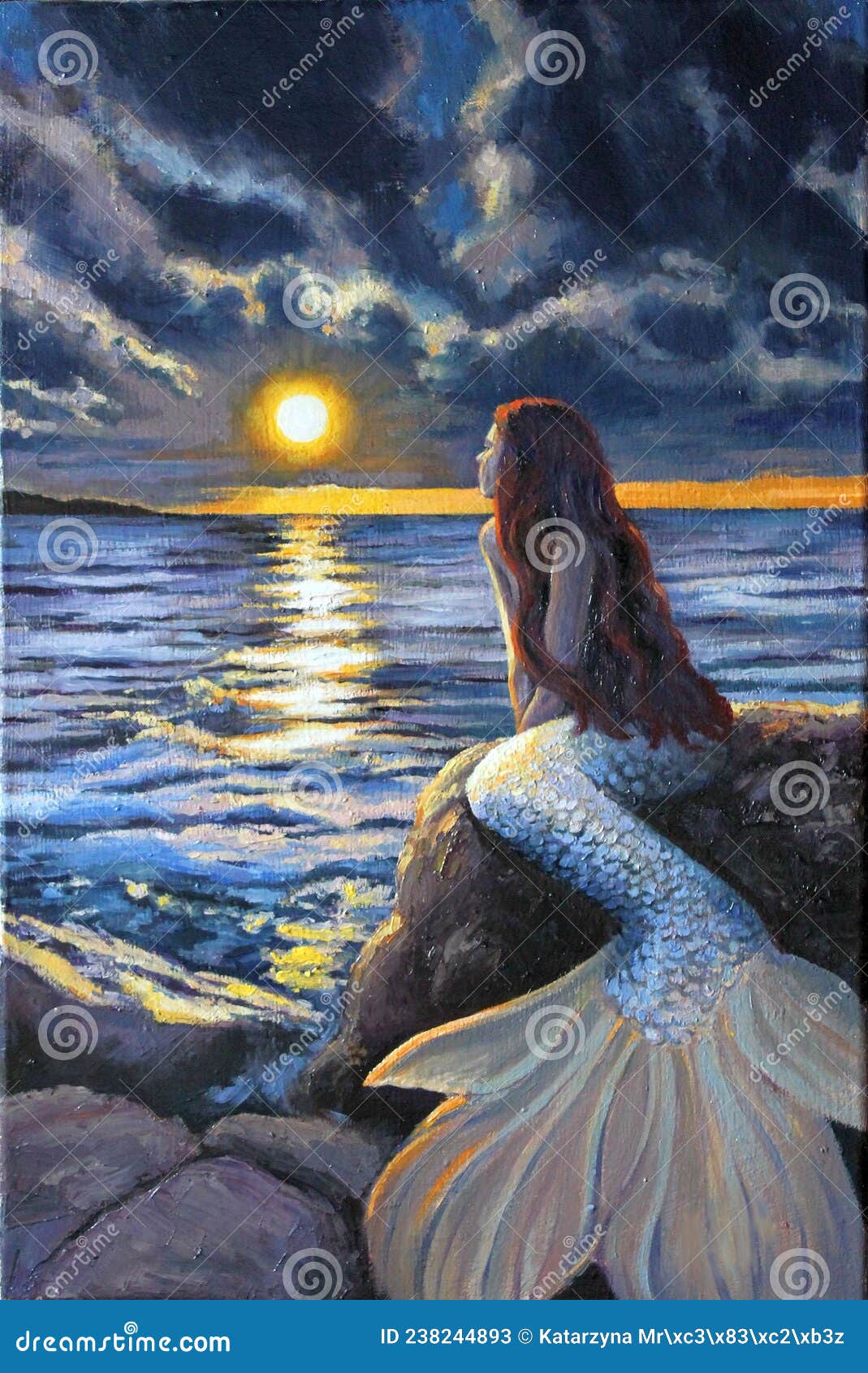 oil painting: a mermaid on the seashore gazing at the sunset. fantasy.