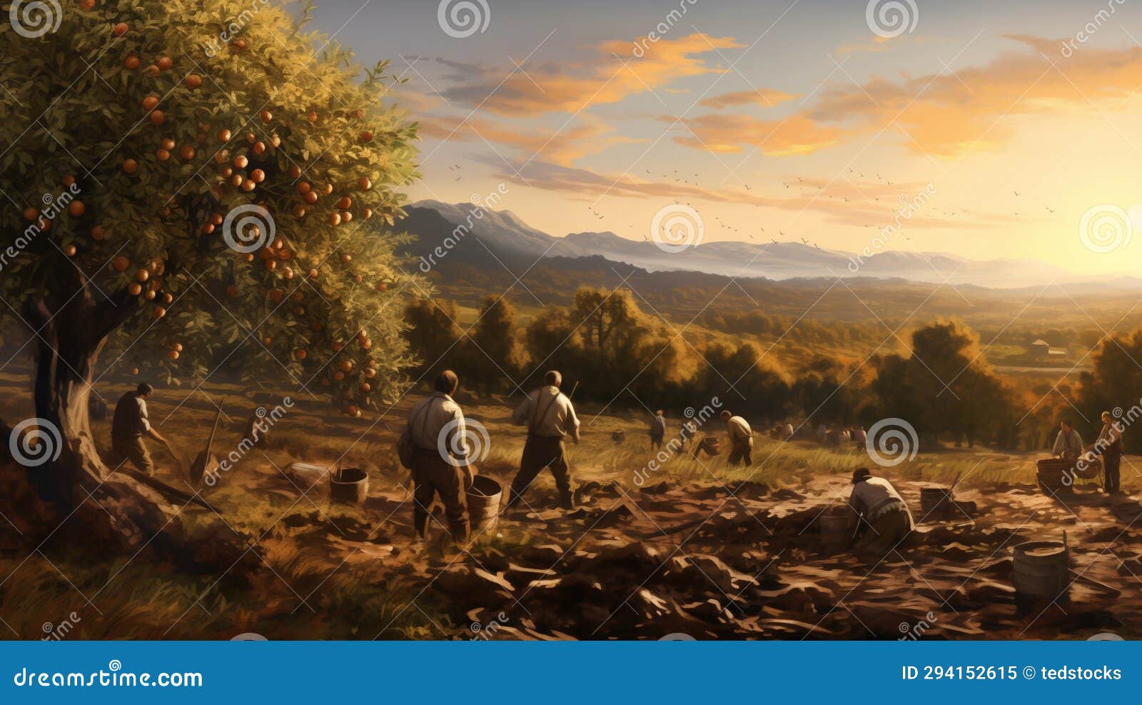 oil painting of a plentiful orchard with farmers picking the fruit of their labor, ai generated