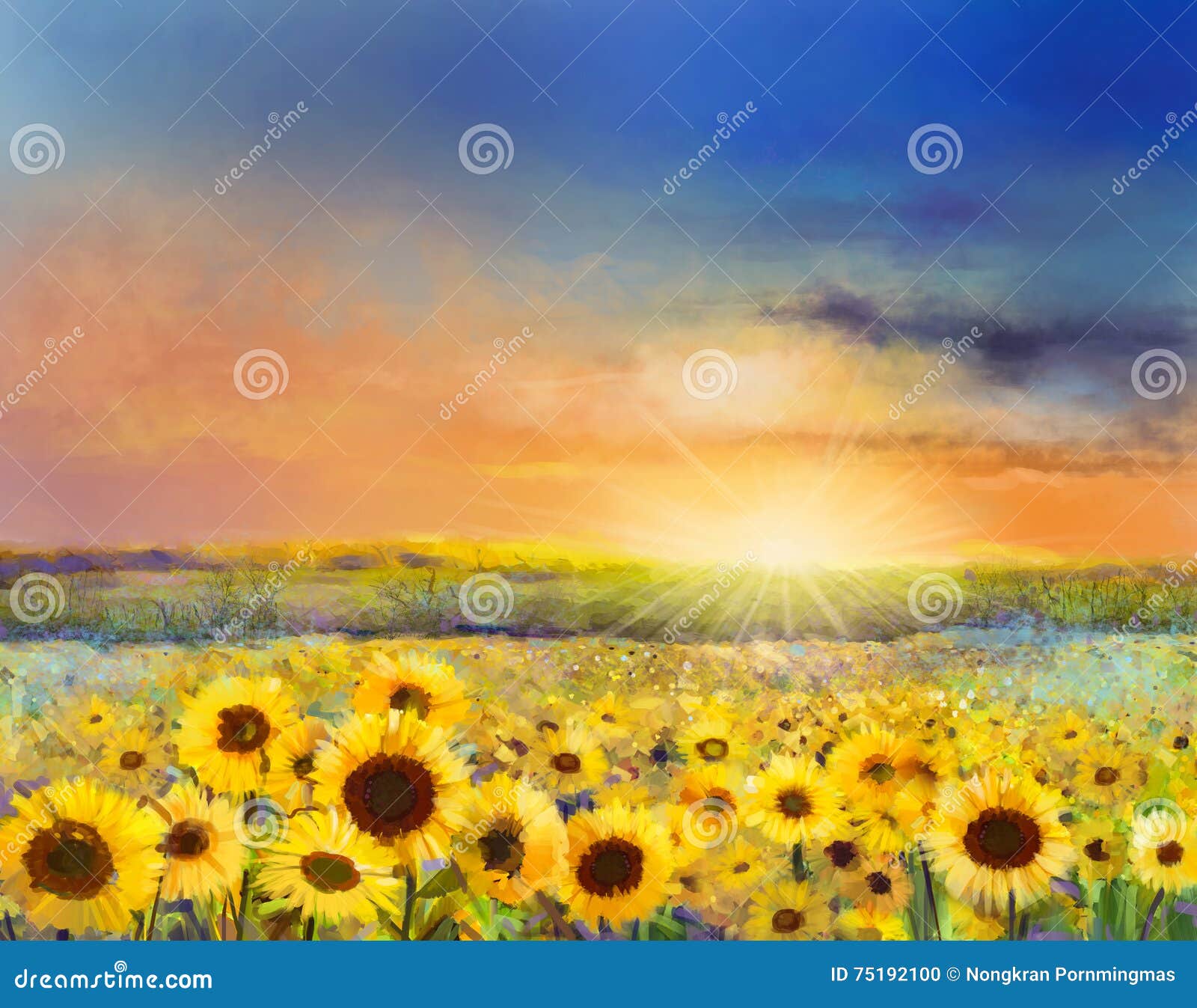 oil painting of a rural sunset landscape with a golden sunflower