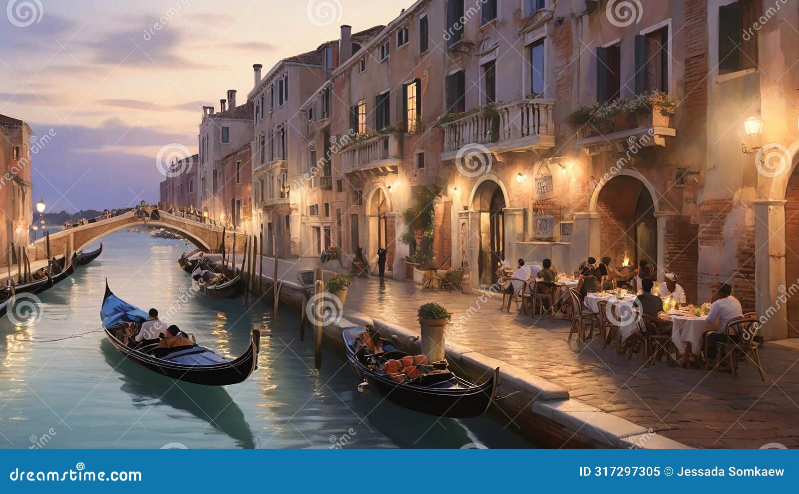 oil painting: a serene venetian canal at twilight, with gondolas gliding beneath a stone bridge, ornate palazzos lining the water