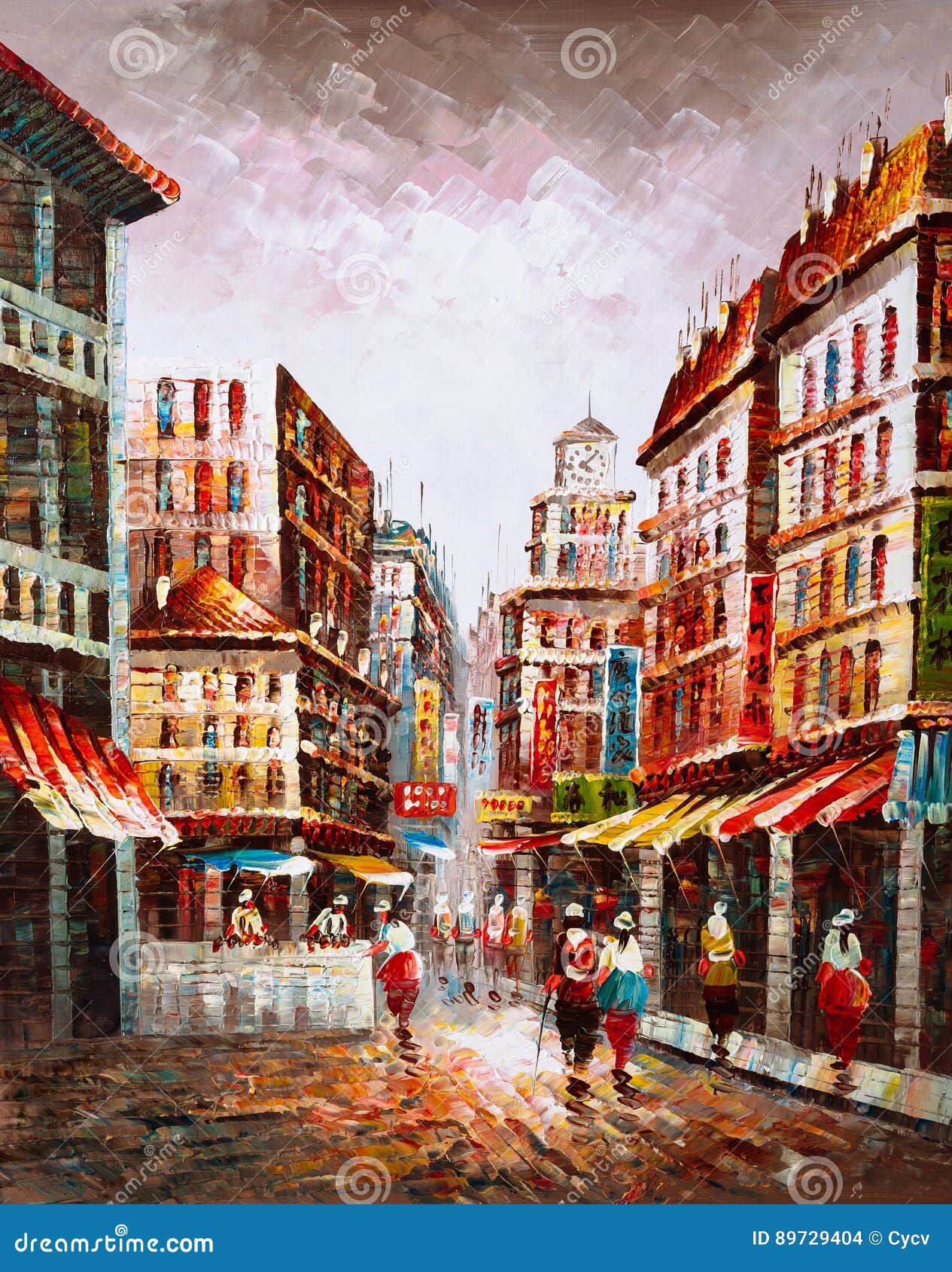 Oil Painting - Street View Of Hong Kong Stock Illustration ...
