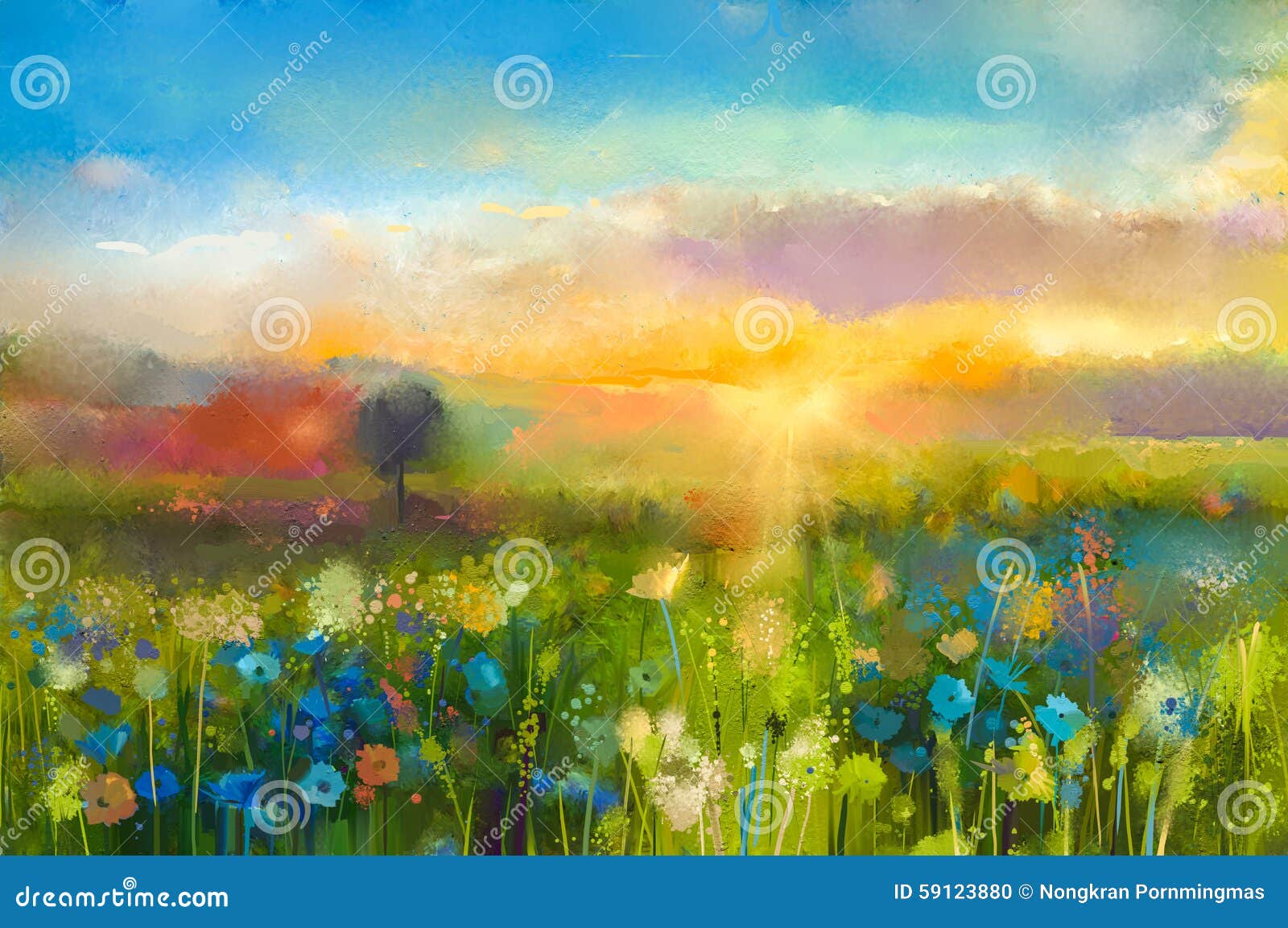 oil painting sunset meadow landscape with wildflower