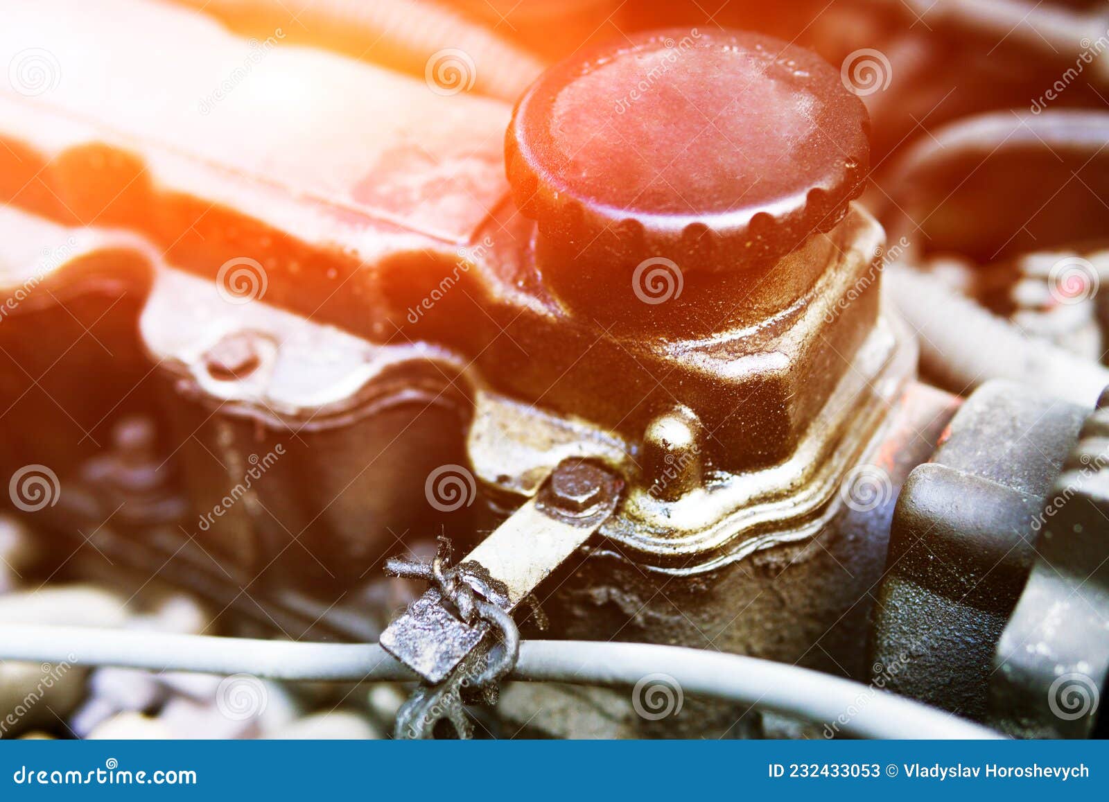 Engine Oil Changing. Pouring Motor Oil From Bottle Into Car Engine